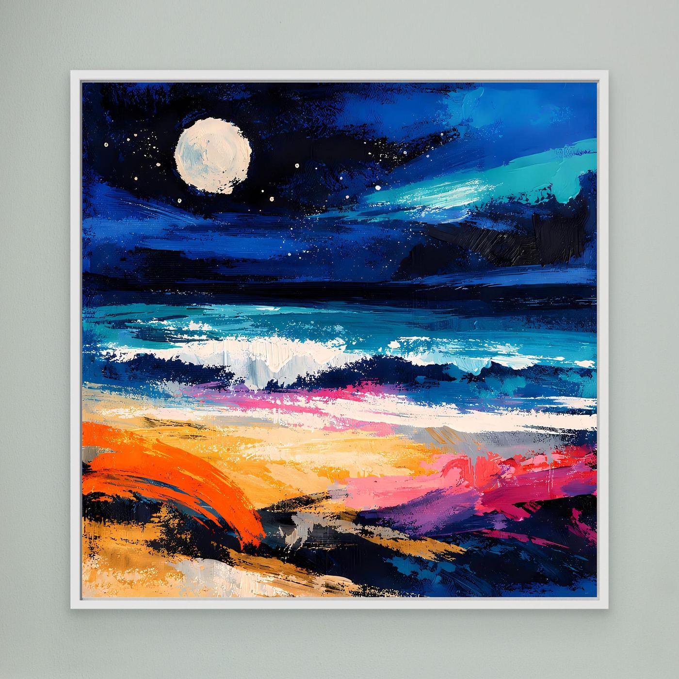 Wandbild mit abstraktem Küstenmotiv, Vollmond über Meer, blaues und orangefarbenes Farbspiel, weiß gerahmt.