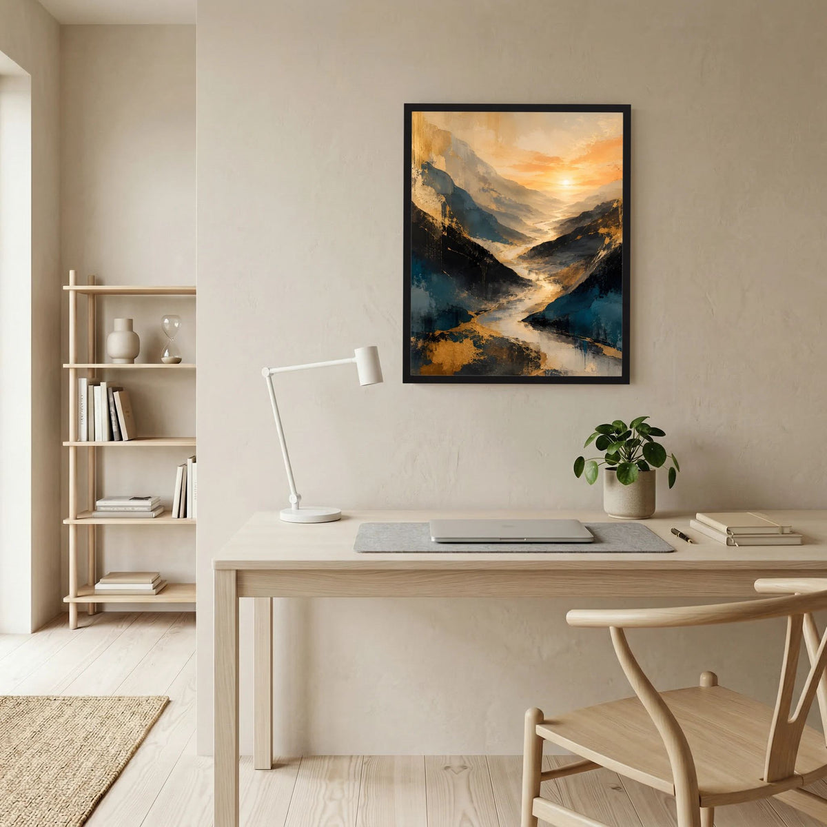 Gerahmtes Kunstposter an der Wand: abstraktes Bergtal in Blau und Gold