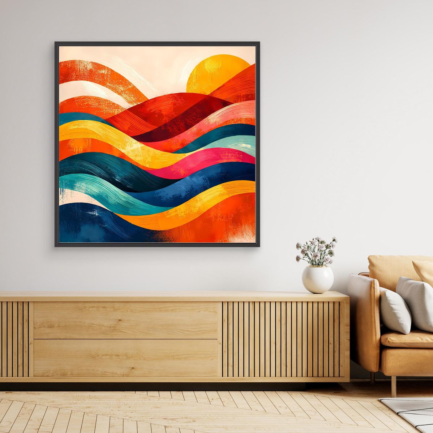 Gerahmtes Leinwandbild mit bunten Wellen in Orange, Rot, Gelb, Türkis und Blau, schwarzer Rahmen