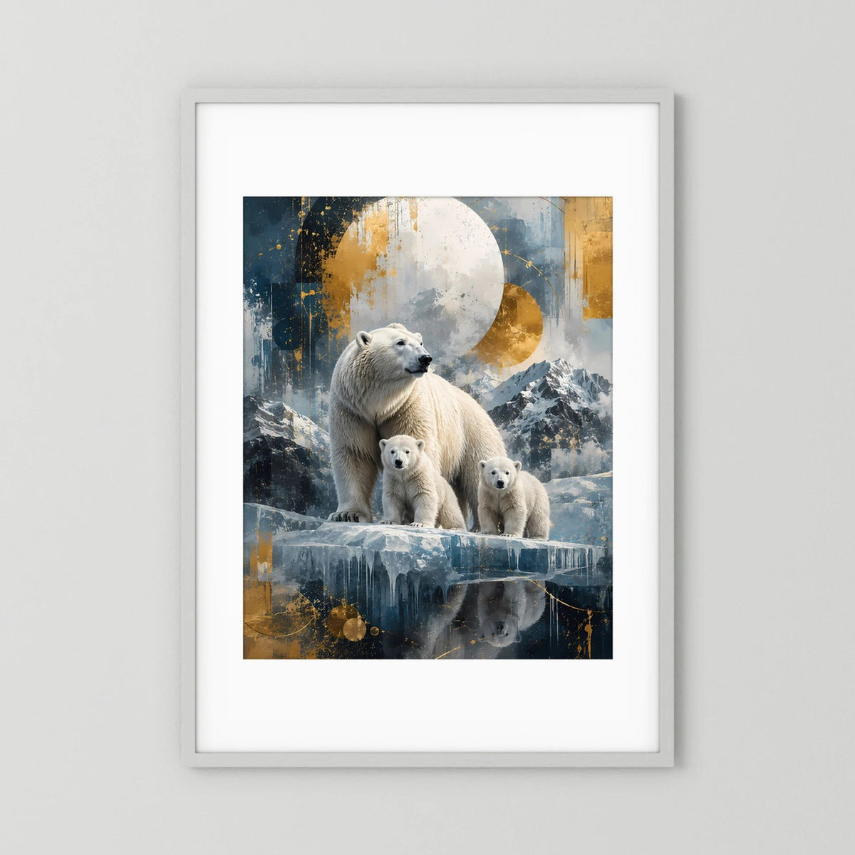 Poster mit weißem Rahmen und Eisbärenfamilie vor Mond und Eis in Blau-Gold
