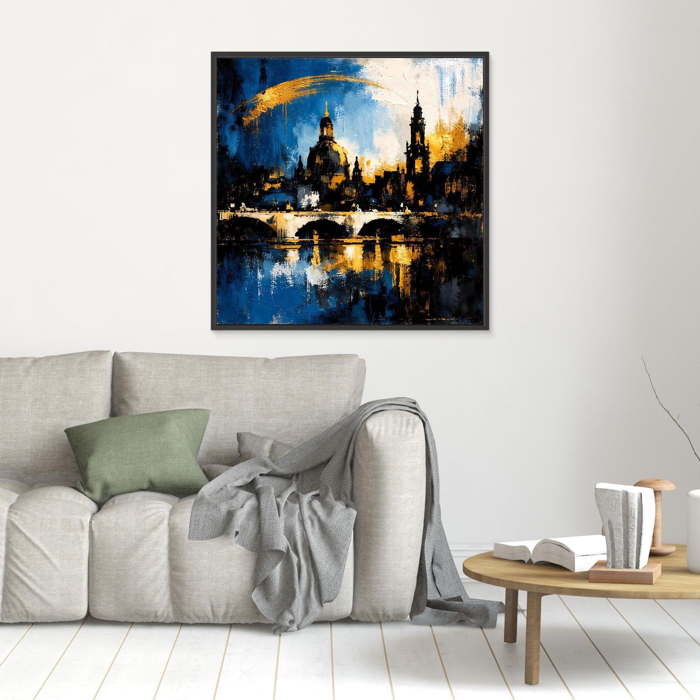 Leinwand-Wandbild mit Skyline in Blau, Gold und Schwarz, schwarzer Rahmen
