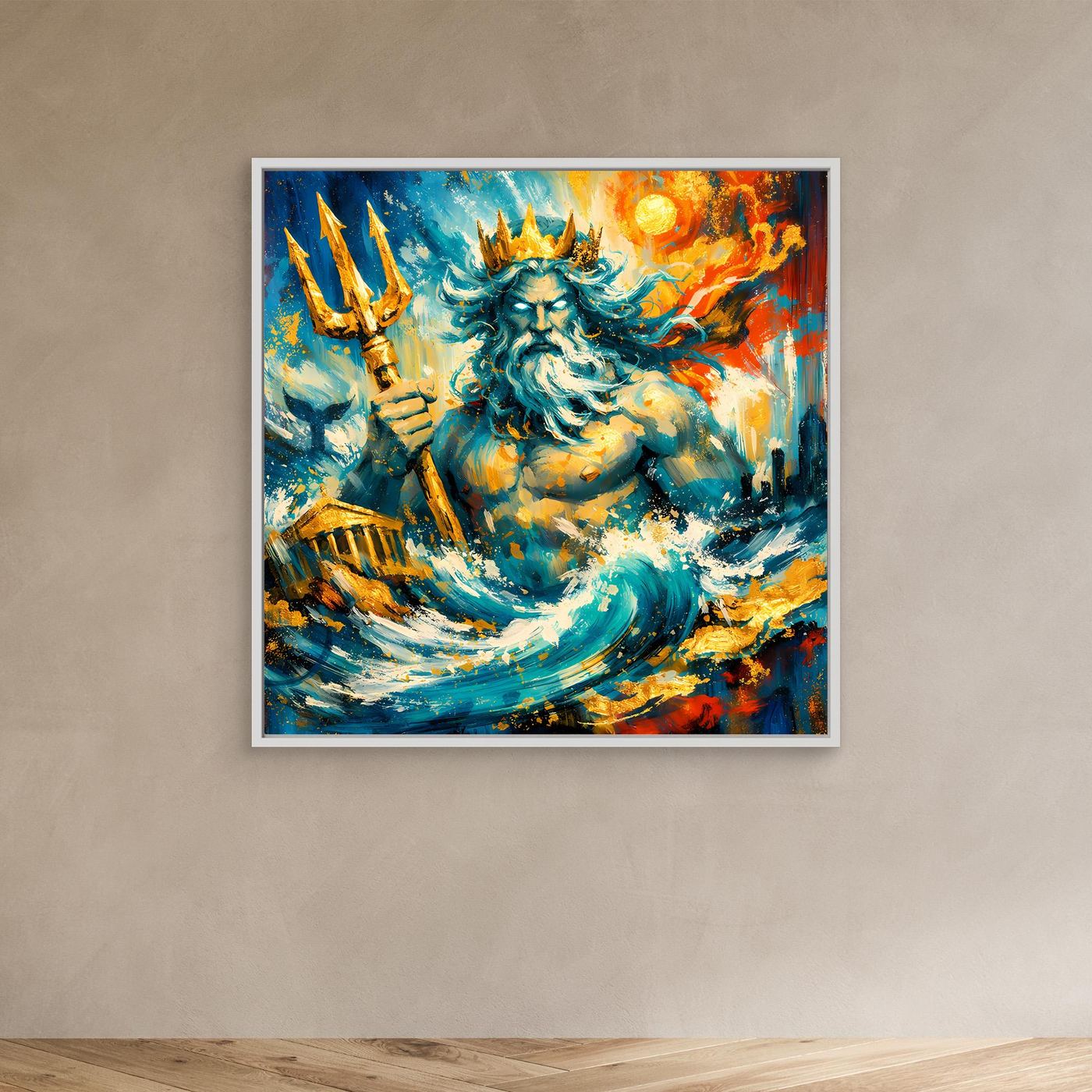 Leinwandbild mit Poseidon-Gestalt, goldenen Speeren und Wellen, weißer Rahmen