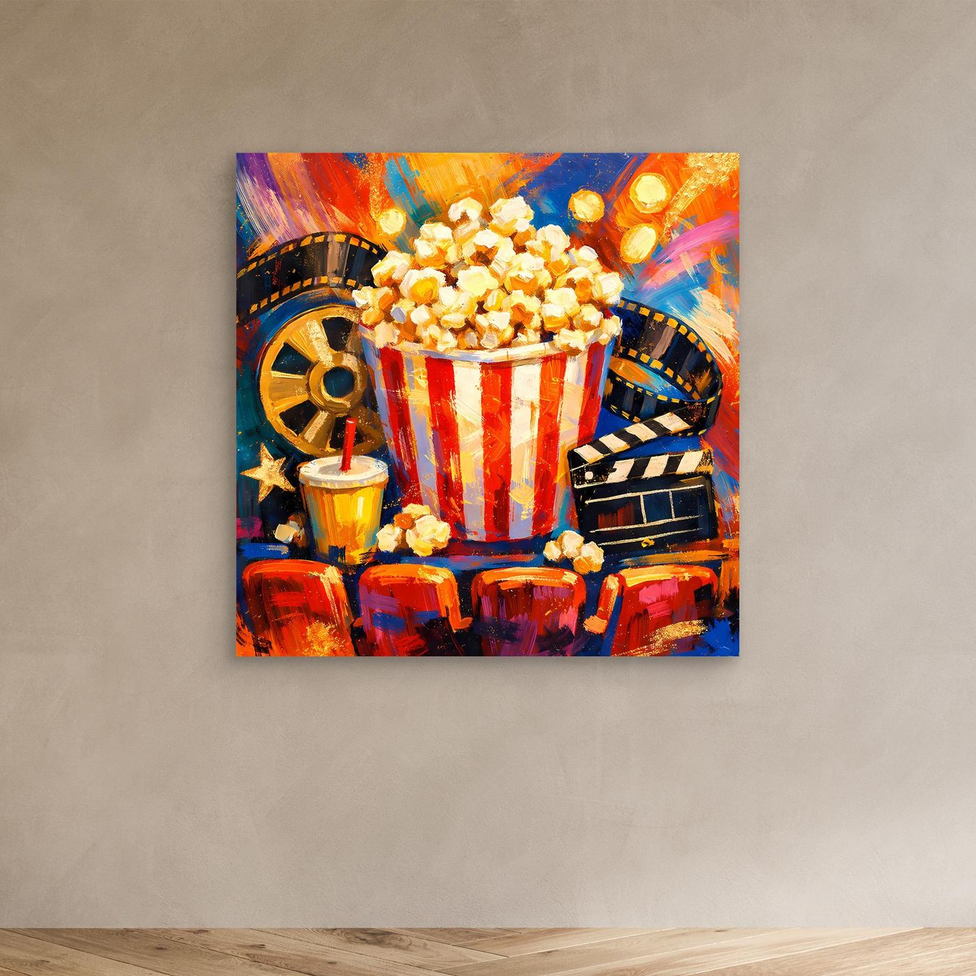 Leinwandbild mit Popcornbecher (rot-weiß) und Filmstreifen im bunten Stil
