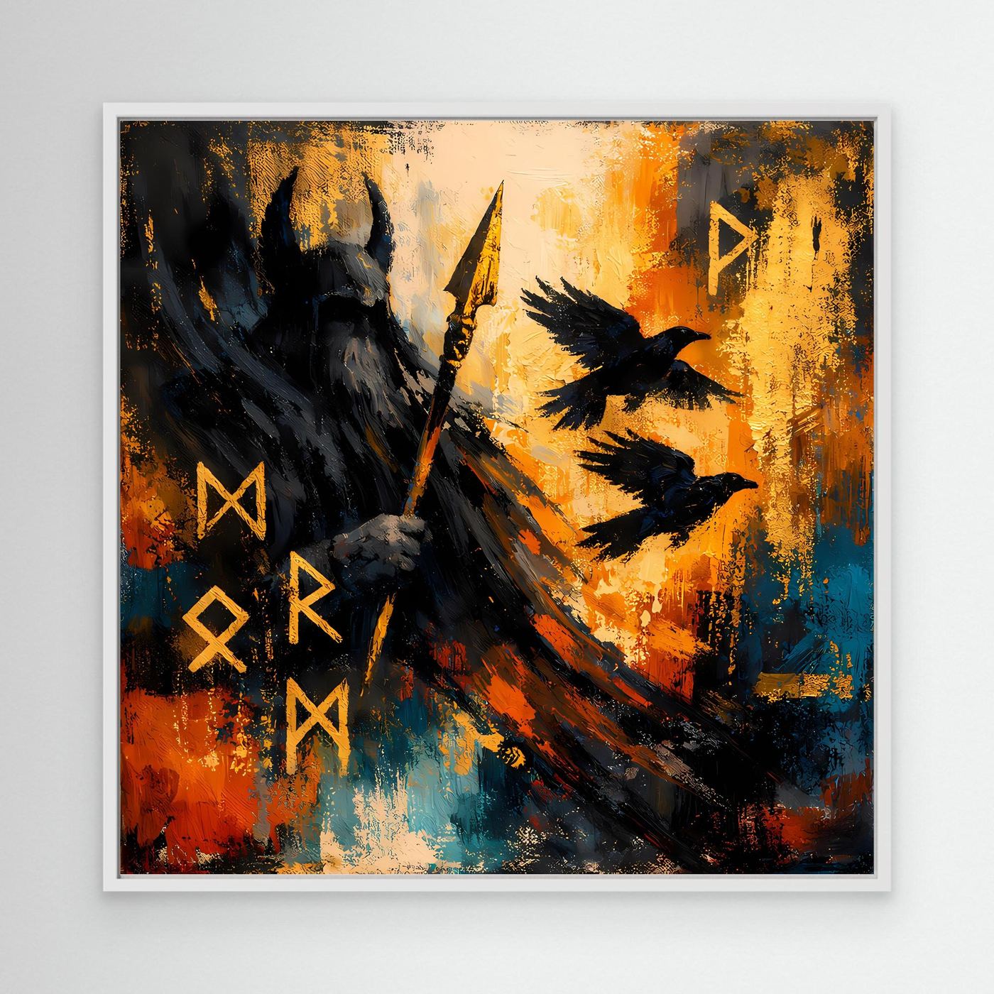 Wandbild mit weißem Rahmen: Odin mit Speer und Raben, abstrakt in Orange und Blau