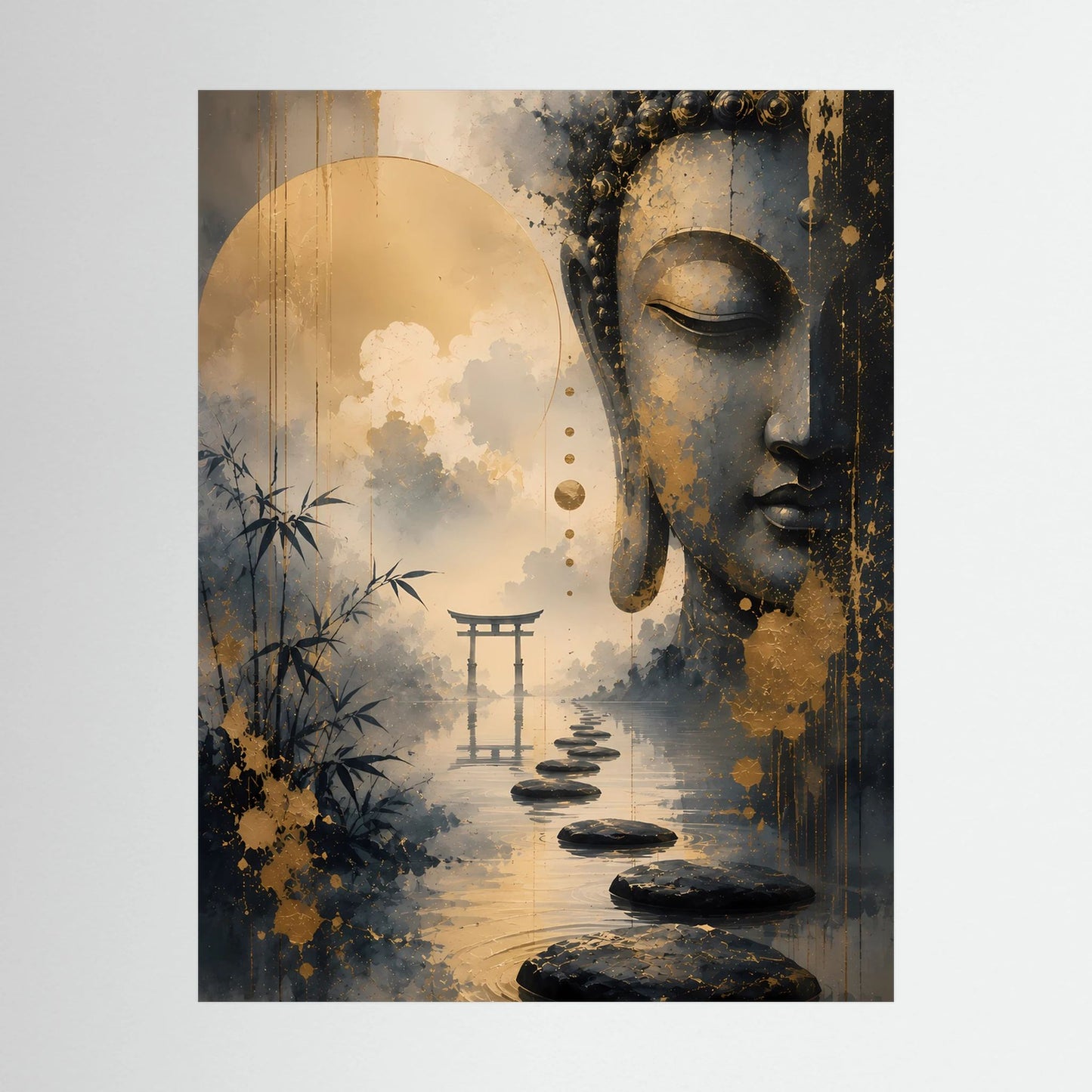 Nahansicht des Hochformat-Posters: Buddha in Gold und Schwarz, Landschaft mit Torii im Wasserspiegel, schwarz gerahmt