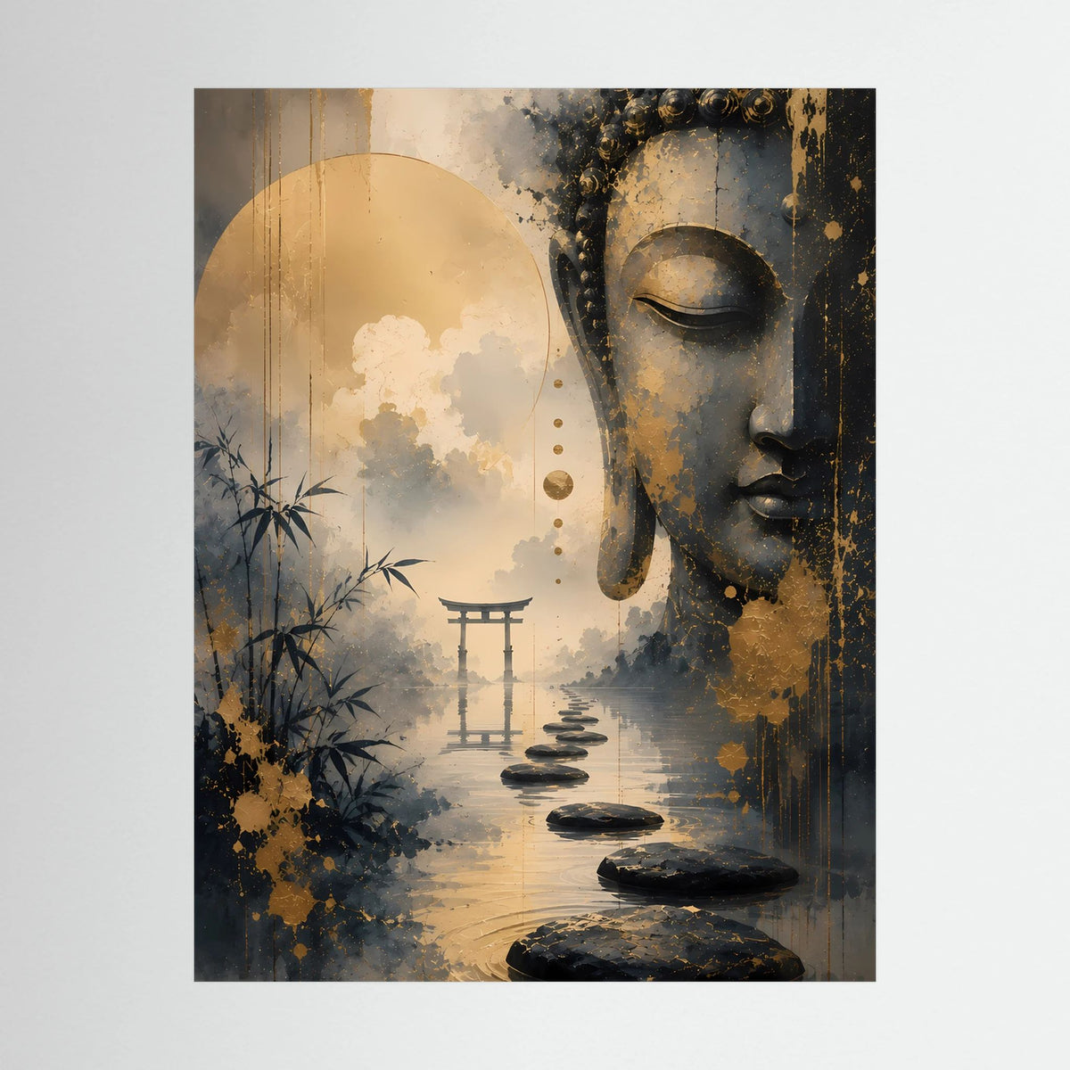 Nahansicht des Hochformat-Posters: Buddha in Gold und Schwarz, Landschaft mit Torii im Wasserspiegel, schwarz gerahmt