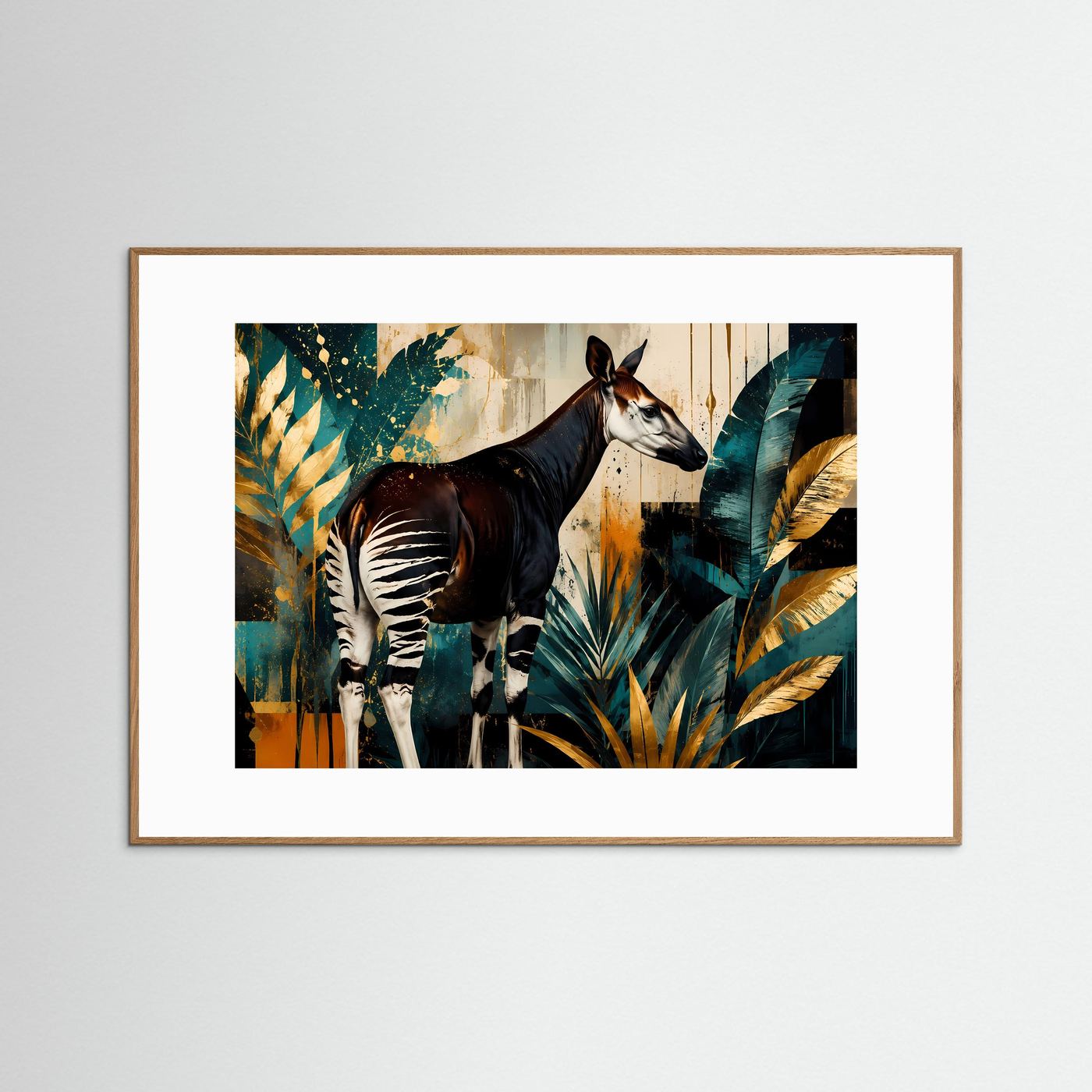 Anmutige Okapi im Dschungel-Farbspiel | Modernes Wildlife- & Dschungel-Poster Querformat