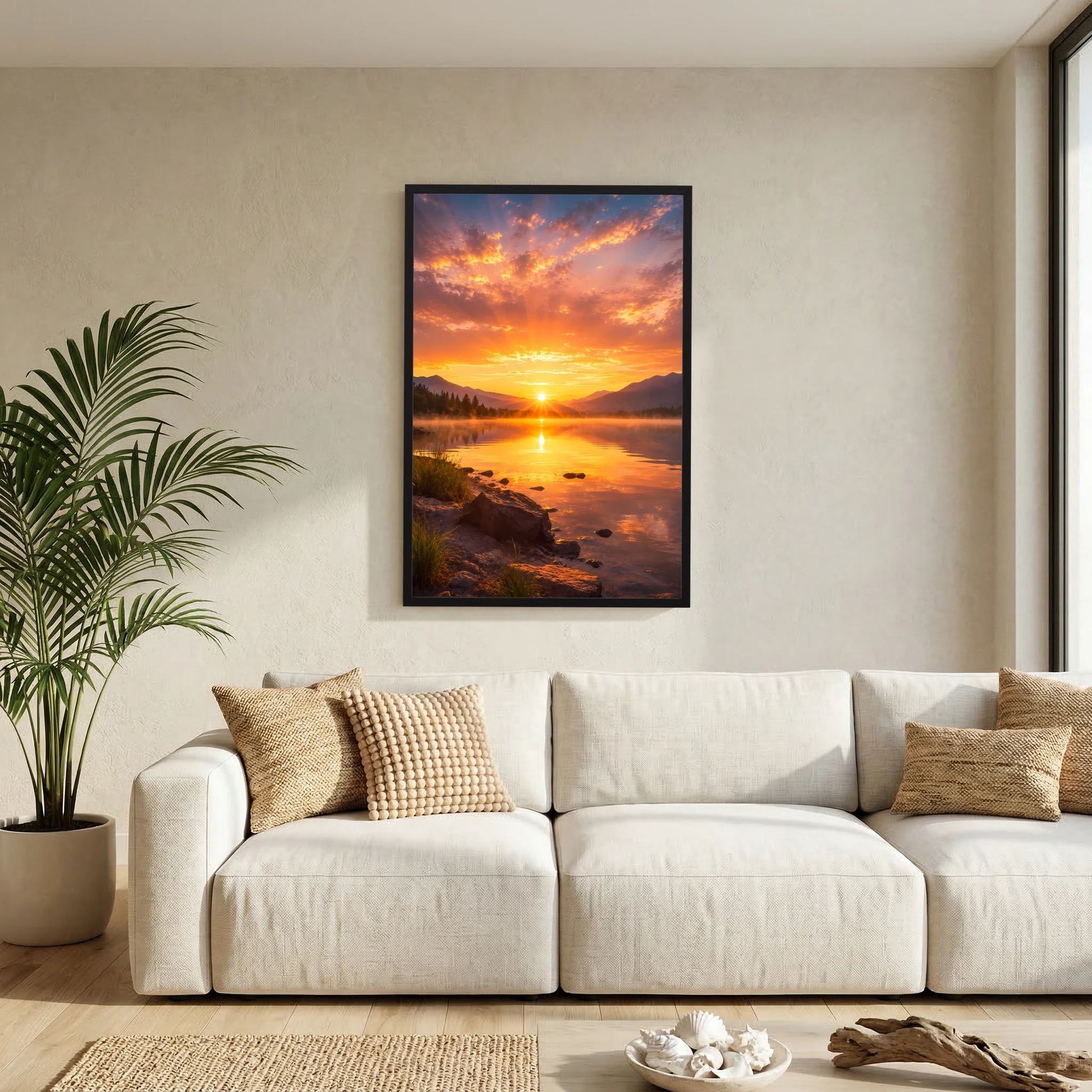 Hochformat-Poster Sonnenuntergang am Bergsee im schwarzen Rahmen