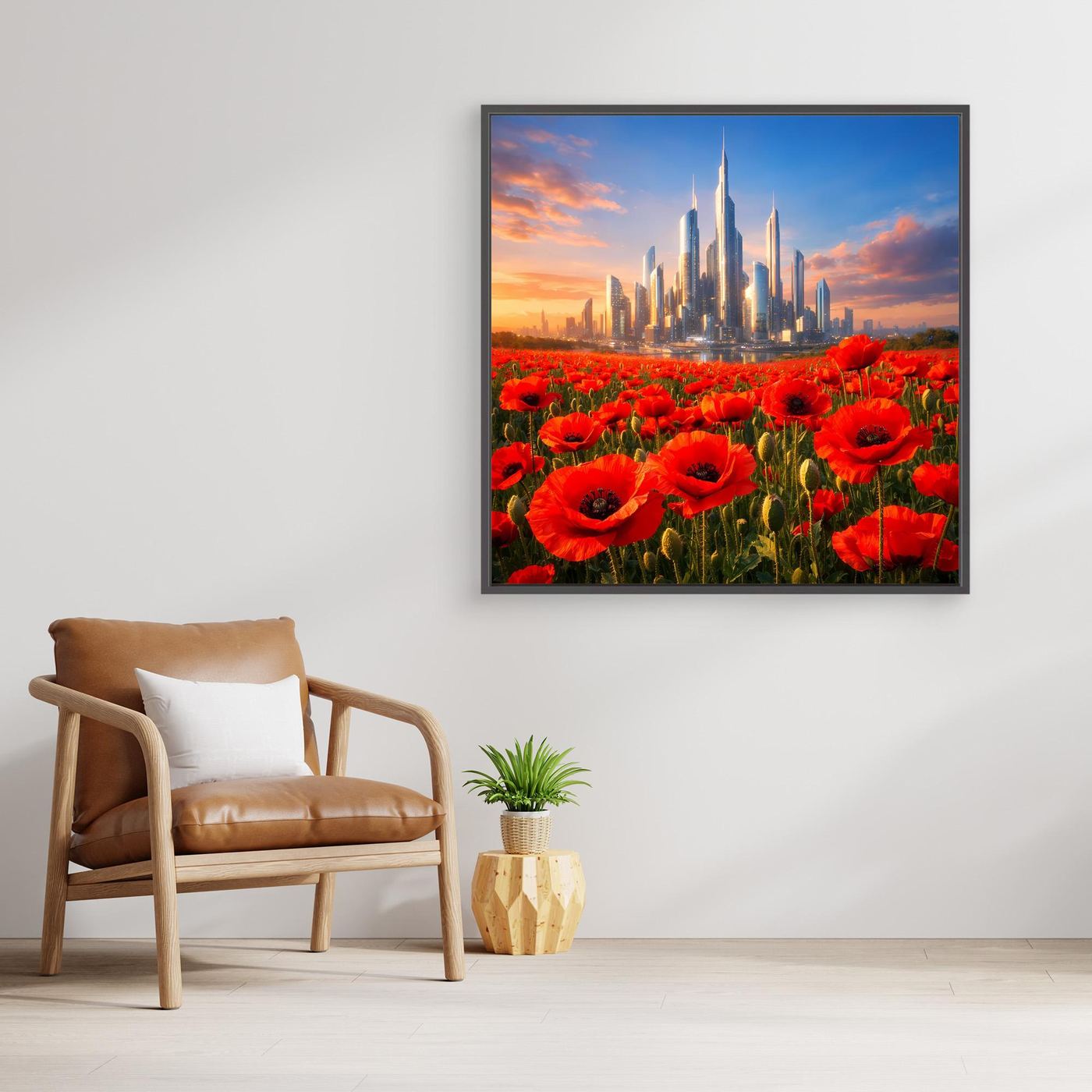 Gerahmtes Leinwandbild mit roten Mohnblumen und futuristischer Skyline im Sonnenuntergang