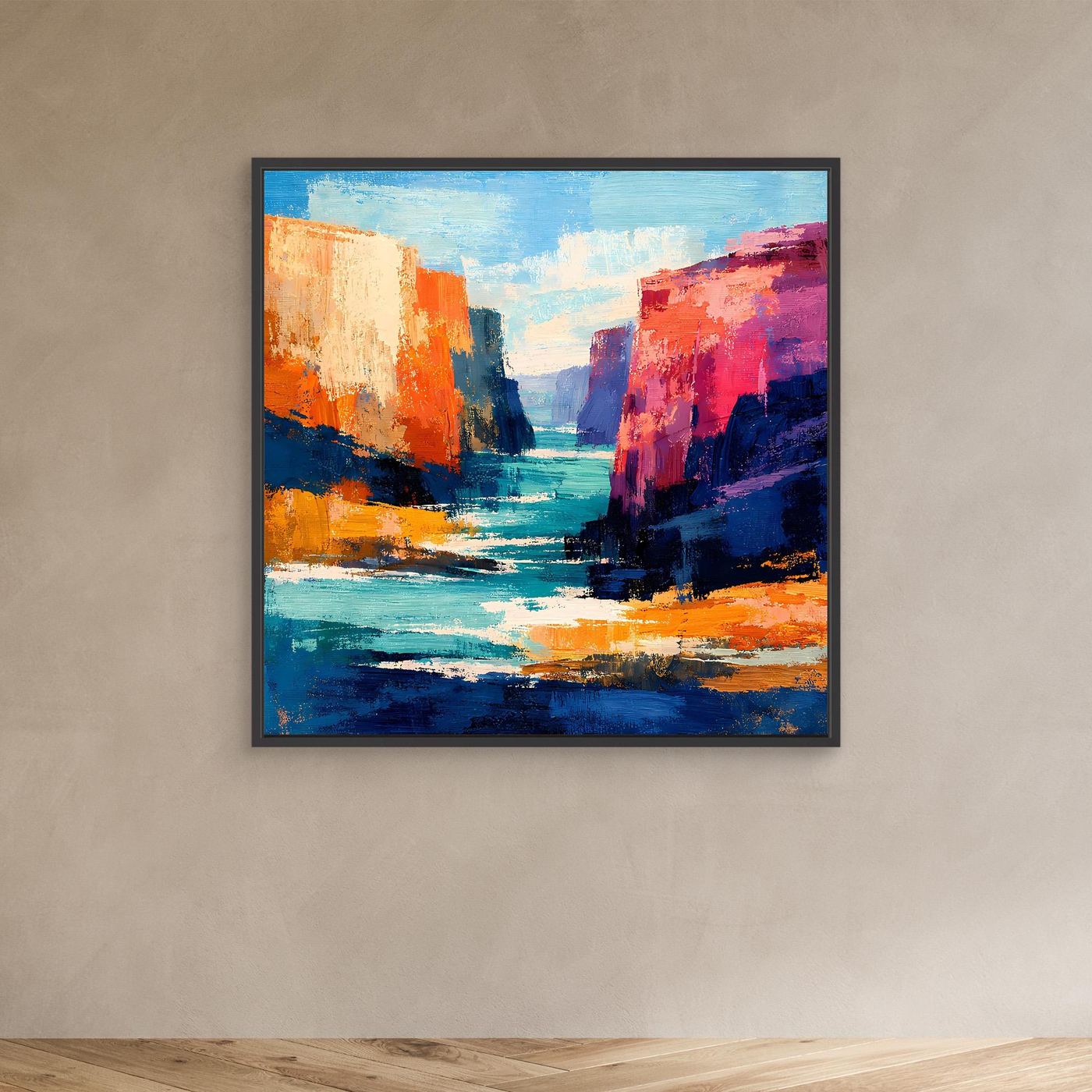 Abstraktes Leinwandbild mit Fluss und farbigen Felswänden, schwarzer Rahmen