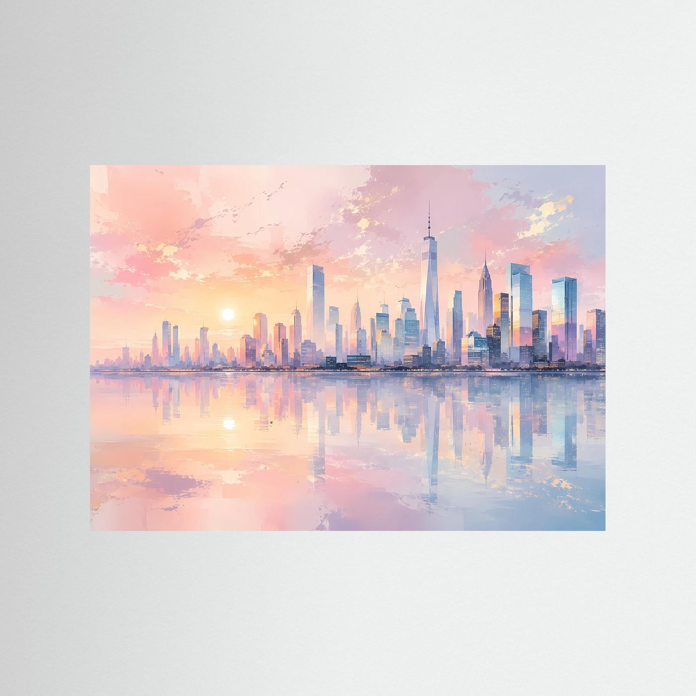 Pastell Skyline bei Sonnenuntergang | Moderne City Art in Rosa & Blau