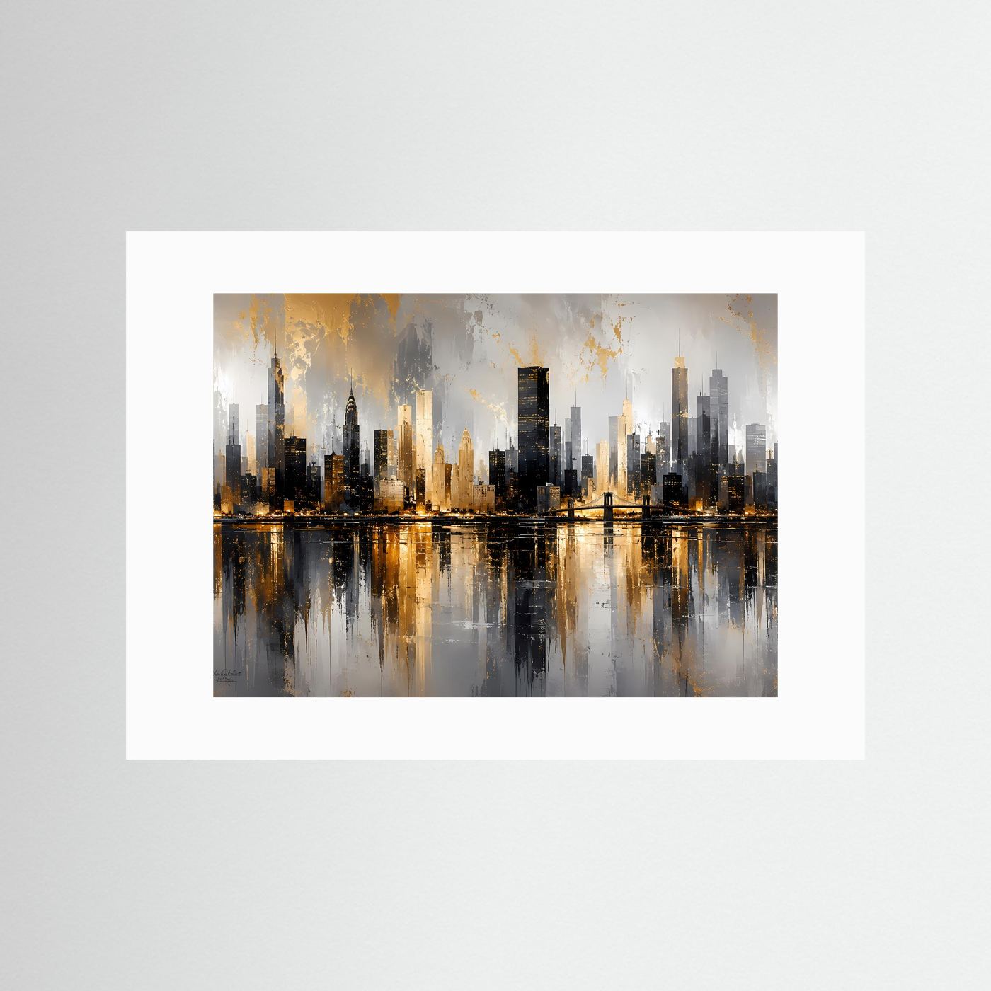 Stadtkunst-Poster im Querformat mit Skyline und Spiegelung im Wasser, mit weißem Rand