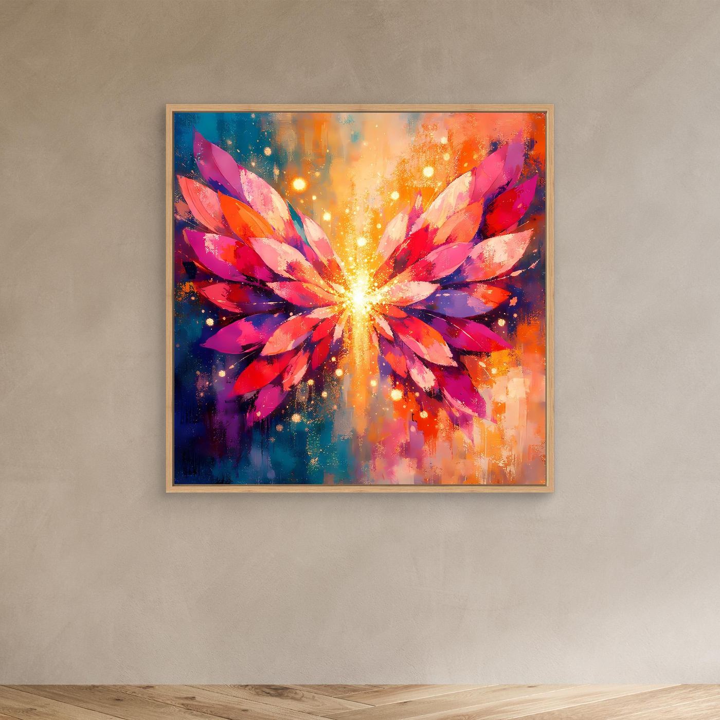 Wandbild mit leuchtenden Engelsflügeln im Lichtstrahl, abstrakt, im Eichenrahmen