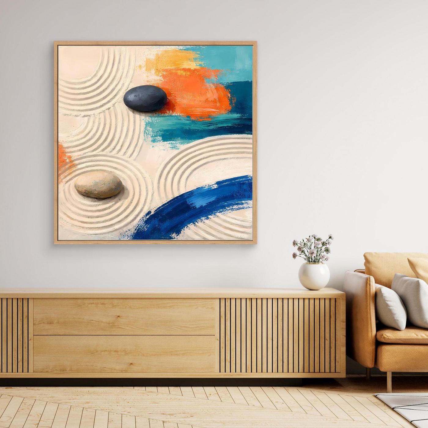 Leinwand Moderner Zen-Garten mit Steinen | Abstraktes Wandbild auf echter Leinwand