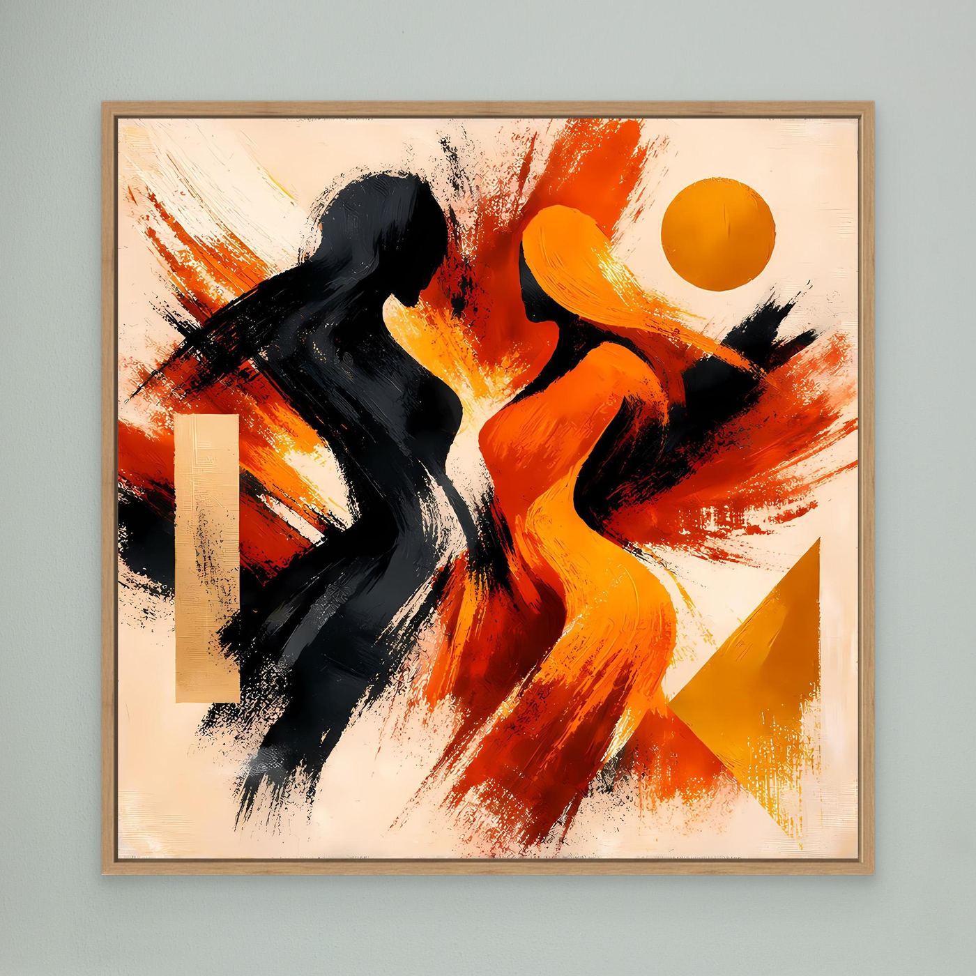 Gerahmtes abstraktes Wandbild mit schwarzen und orangefarbenen Silhouetten, runder Sonne