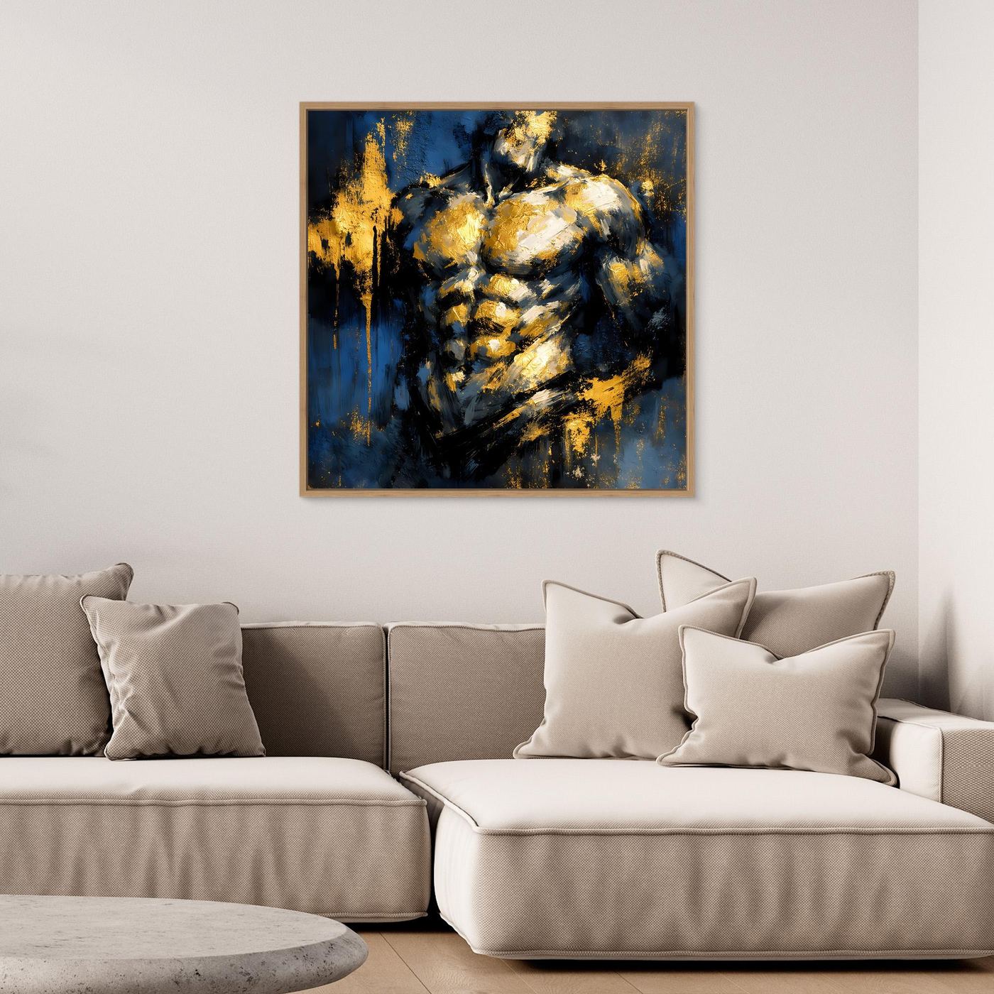 Leinwand Kraftvoller Männlicher Torso in Gold und Blau | Abstraktes Bodybuilding Wandbild