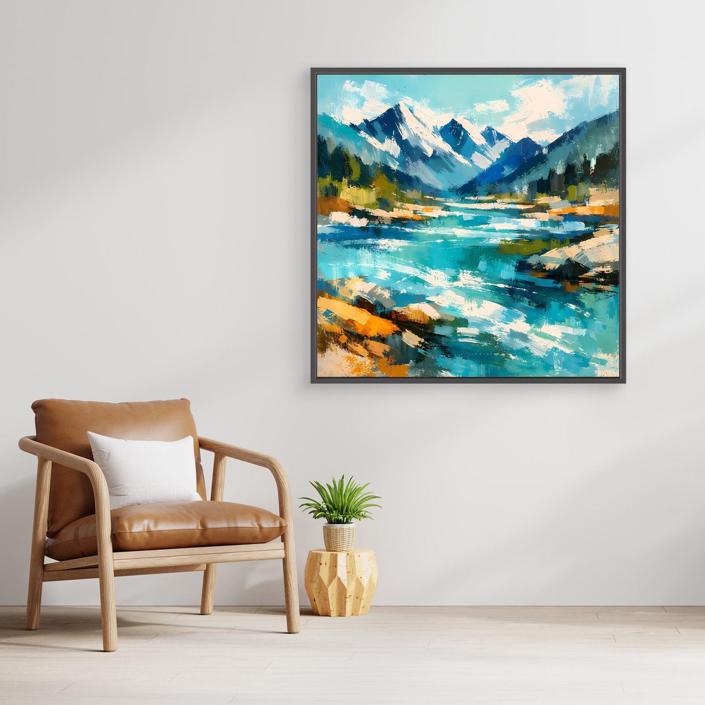 Abstraktes Leinwand-Wandbild mit Berglandschaft und Fluss im schwarzen Rahmen, türkise Fläche