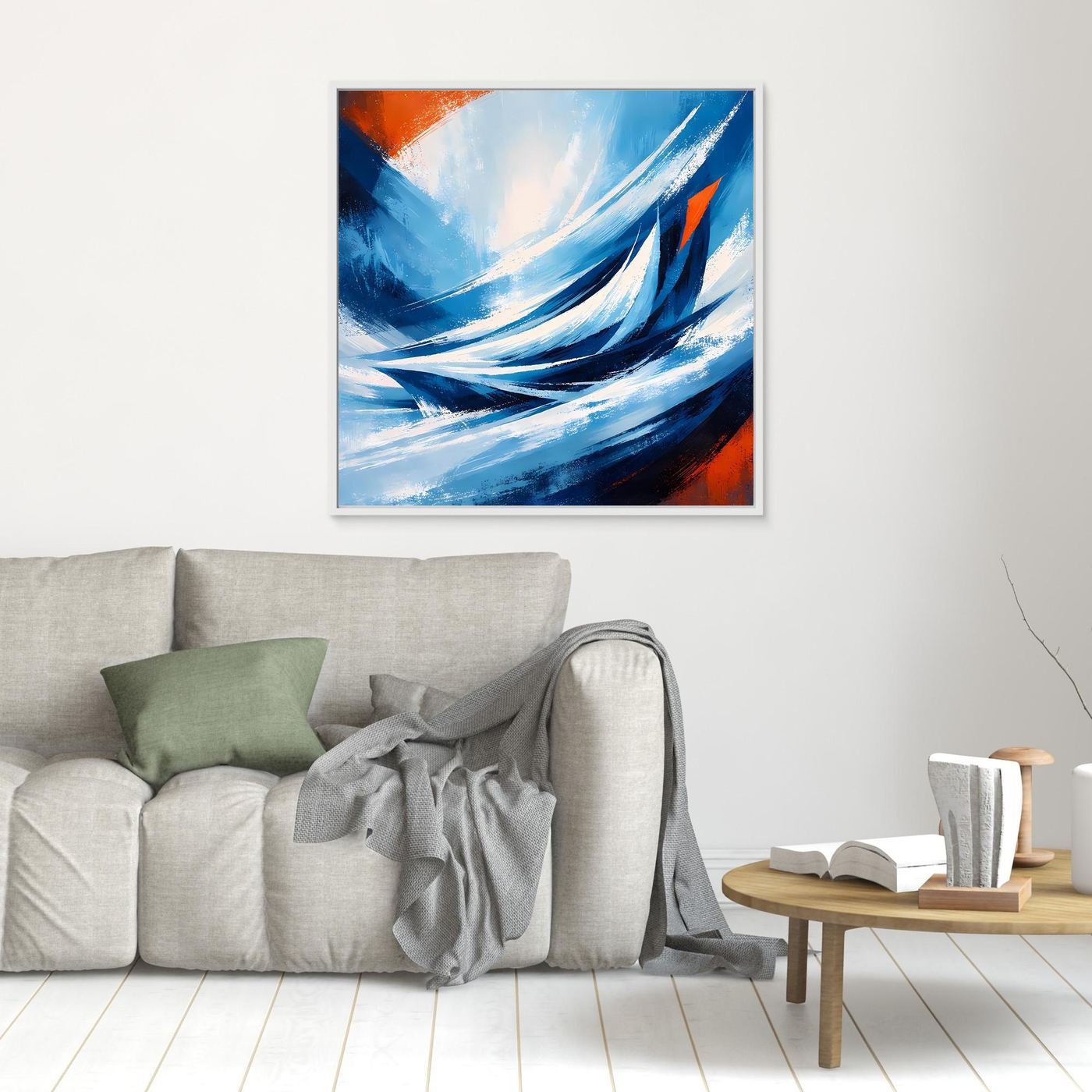 Abstraktes Leinwandbild mit Wellen in Blau und Orange, hellblauer Rahmen.