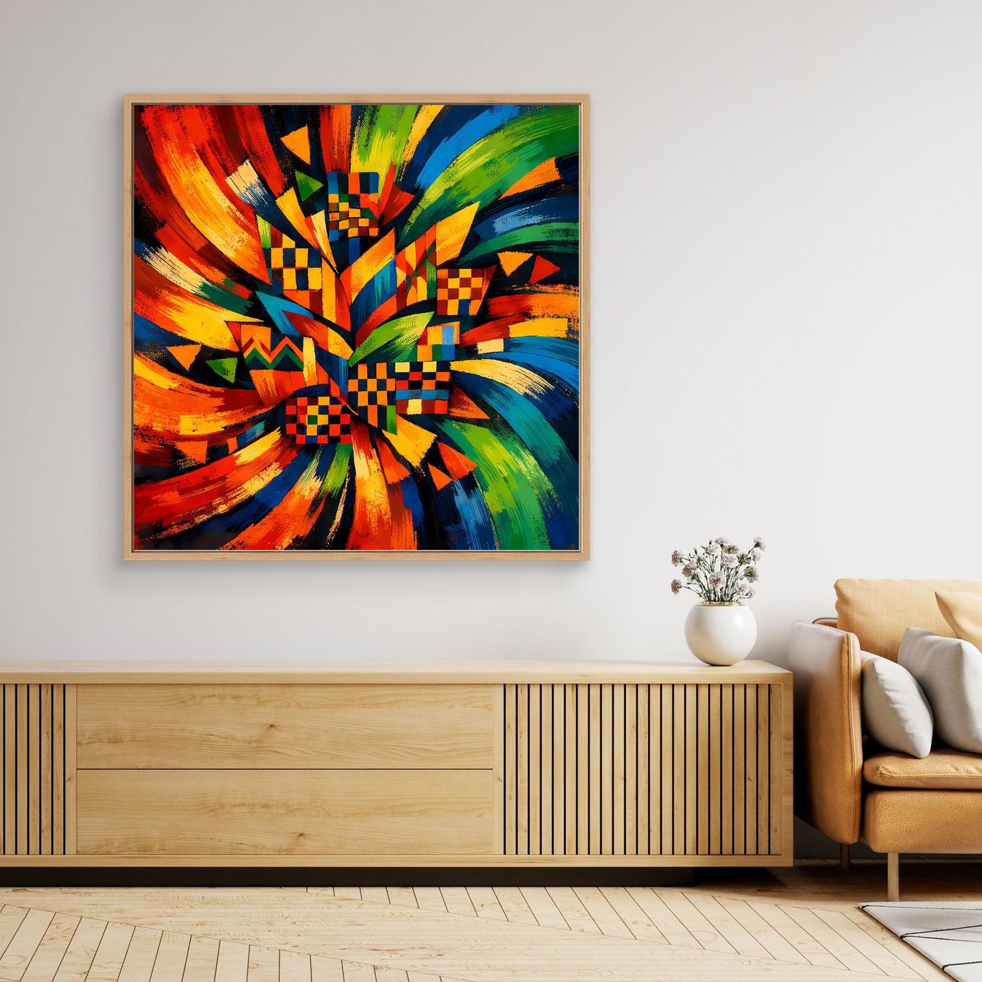 Abstraktes Leinwandbild mit explosiver Geometrie, farbige Strahlen und kariertem Mittelpunkt, Holzrahmen
