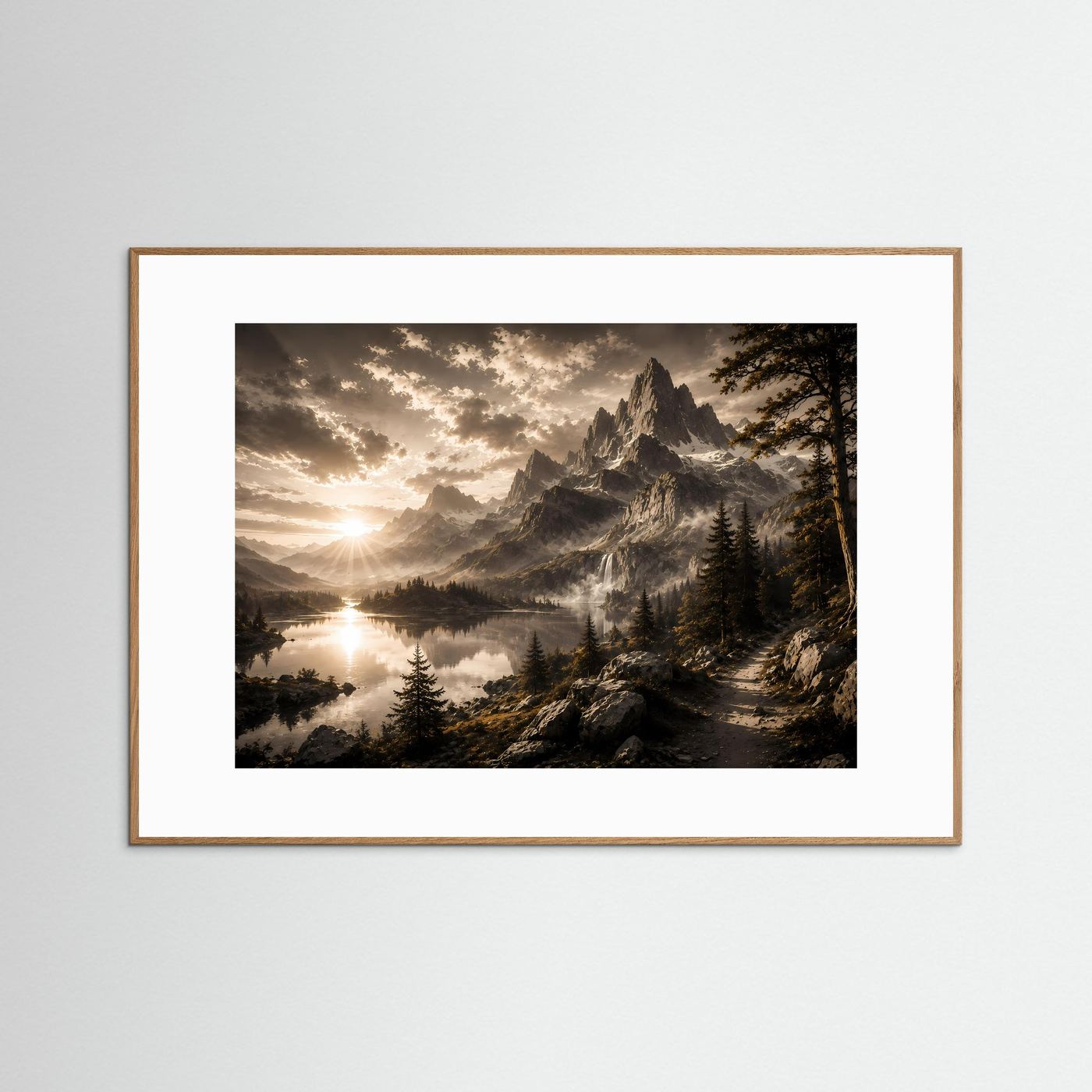 Querformat-Poster mit Bergsee-Landschaft, Holzrahmen in hellem Braun