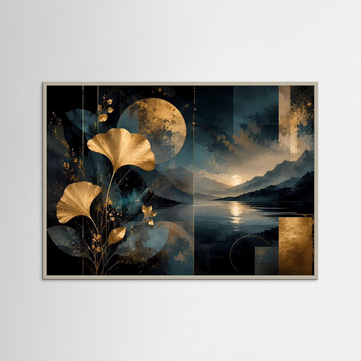 Abstraktes Naturkunst-Poster mit goldenen Ginkgo-Blättern, dunkler Berglandschaft und See im Querformat