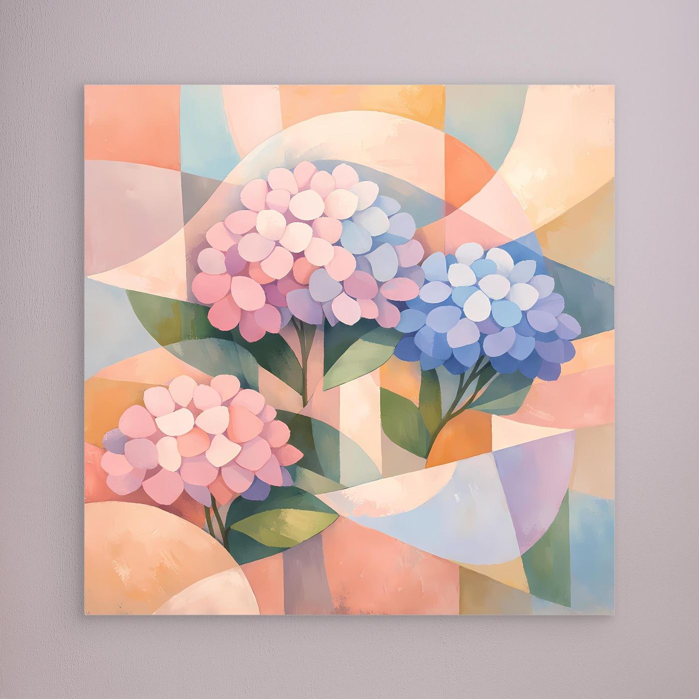 Leinwandbild mit geometrischen Hortensien in Pastellfarben ohne sichtbaren Rahmen
