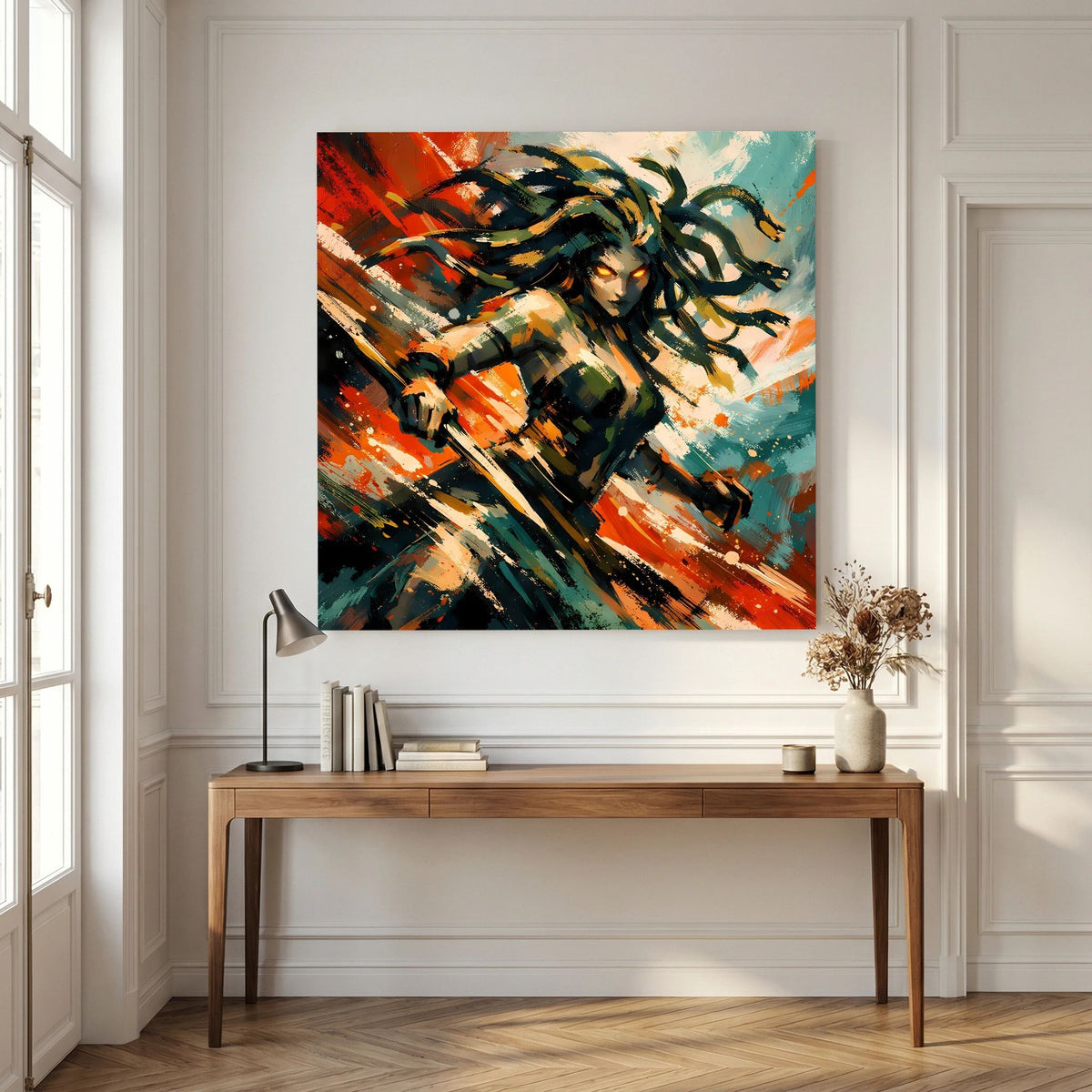 Leinwand-Wandbild mit Medusa, spritzige Pinselstriche in Orange, Türkis und Dunkelgrün