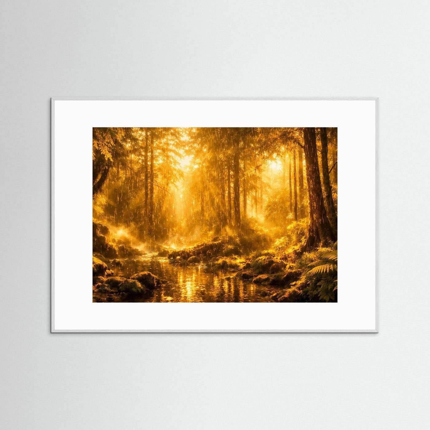 Wandposter mit Waldlandschaft und Fluss, in weißem Rahmen