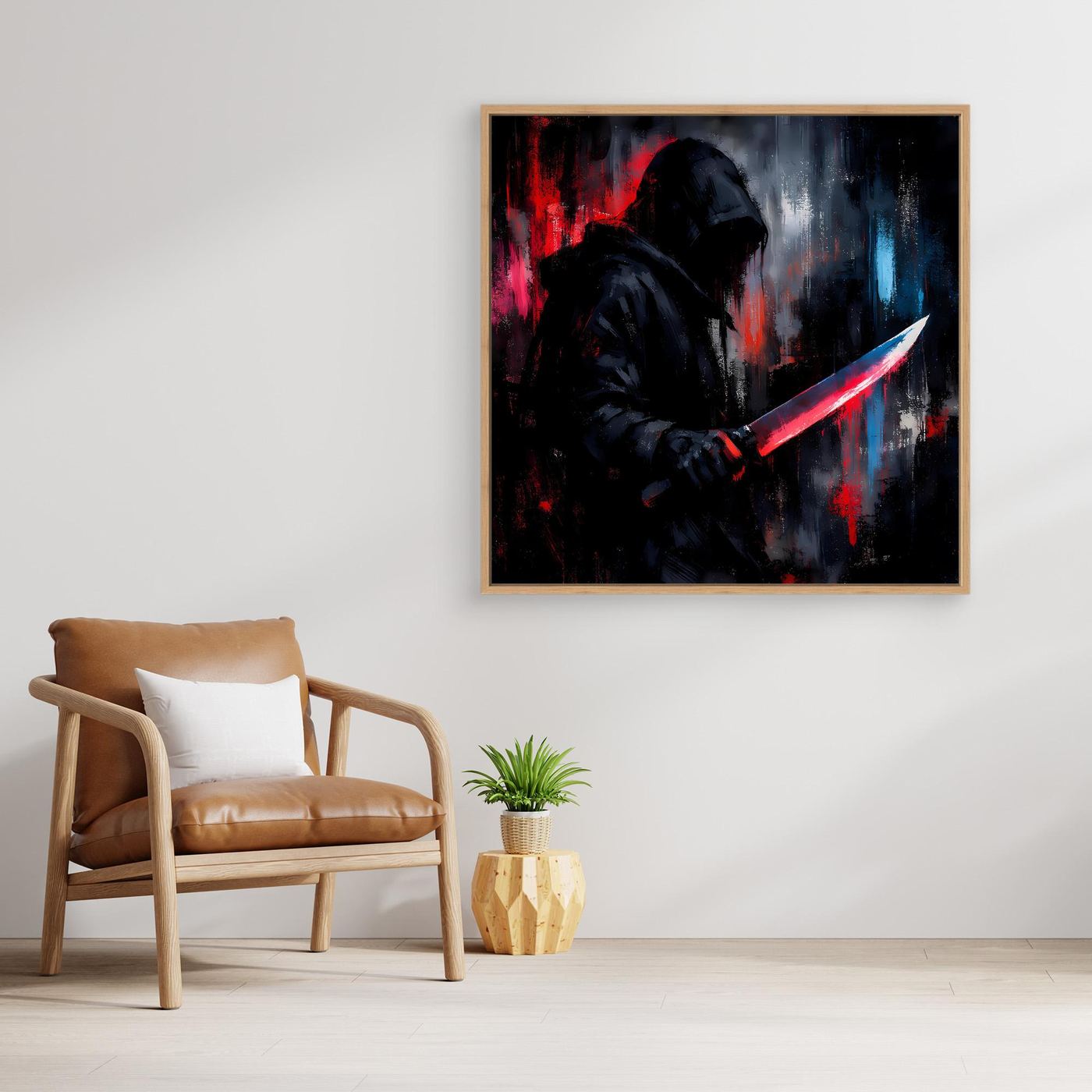 Gerahmtes Leinwand-Wandbild mit dunklem Schattenkrieger und leuchtendem Schwert Blau/Rot