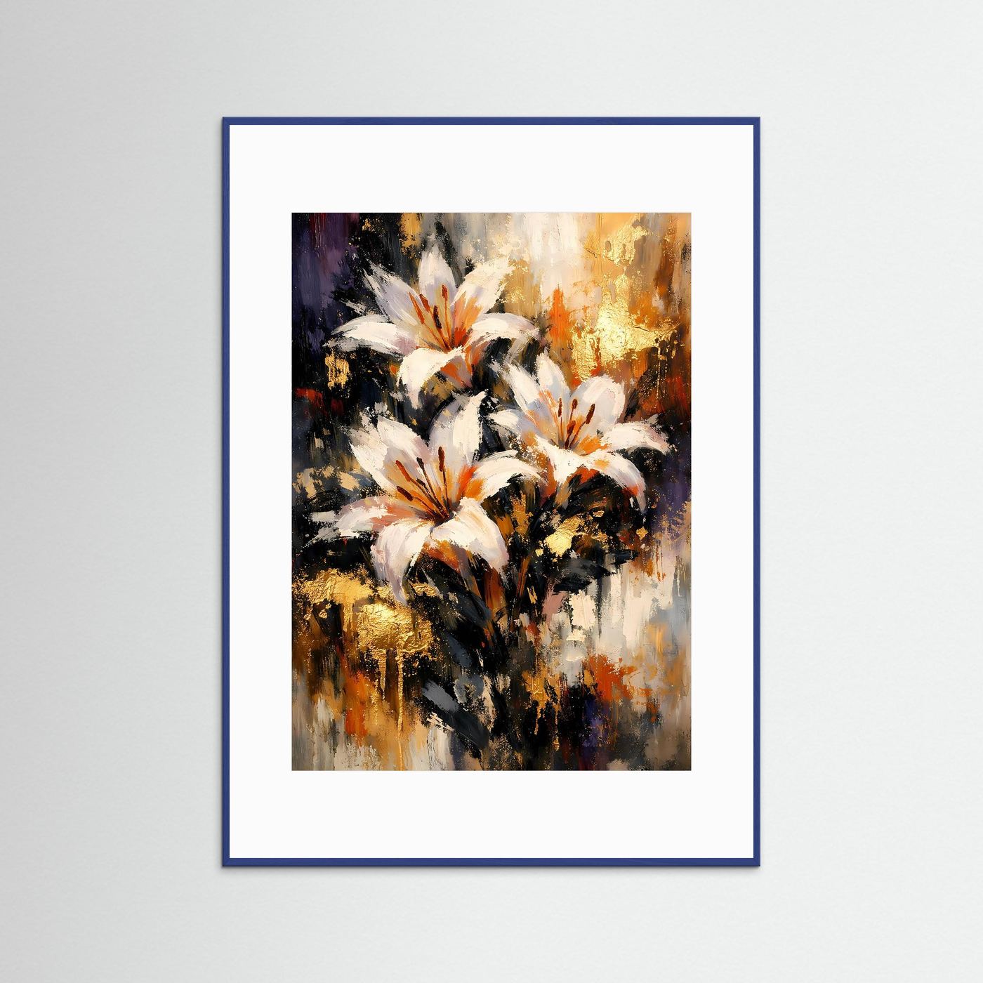 Kunstposter mit abstraktem Blumenmotiv, weiße Lilien und Goldakzente, blauer Rahmen