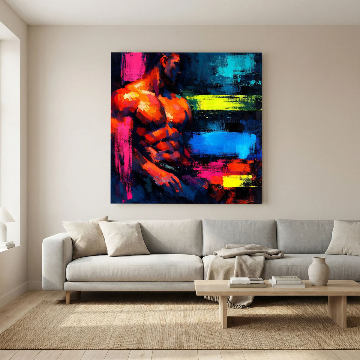 Leinwandbild im Querformat mit abstraktem männlichem Torso, orange/pink Kontraste zu blau und gelb