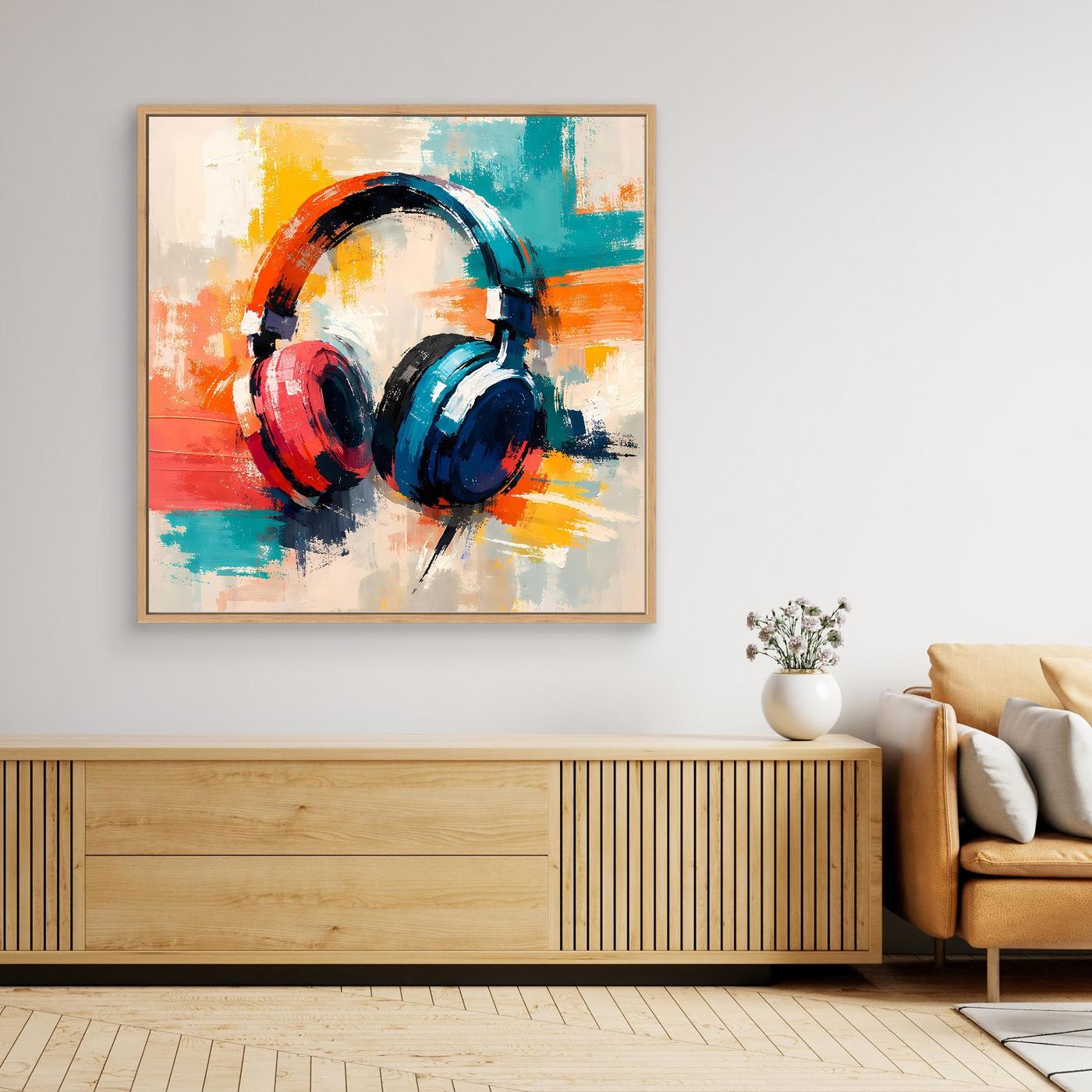 Framed abstract canvas wall art of DJ headphones with red, blue, and teal paint, light wood frame