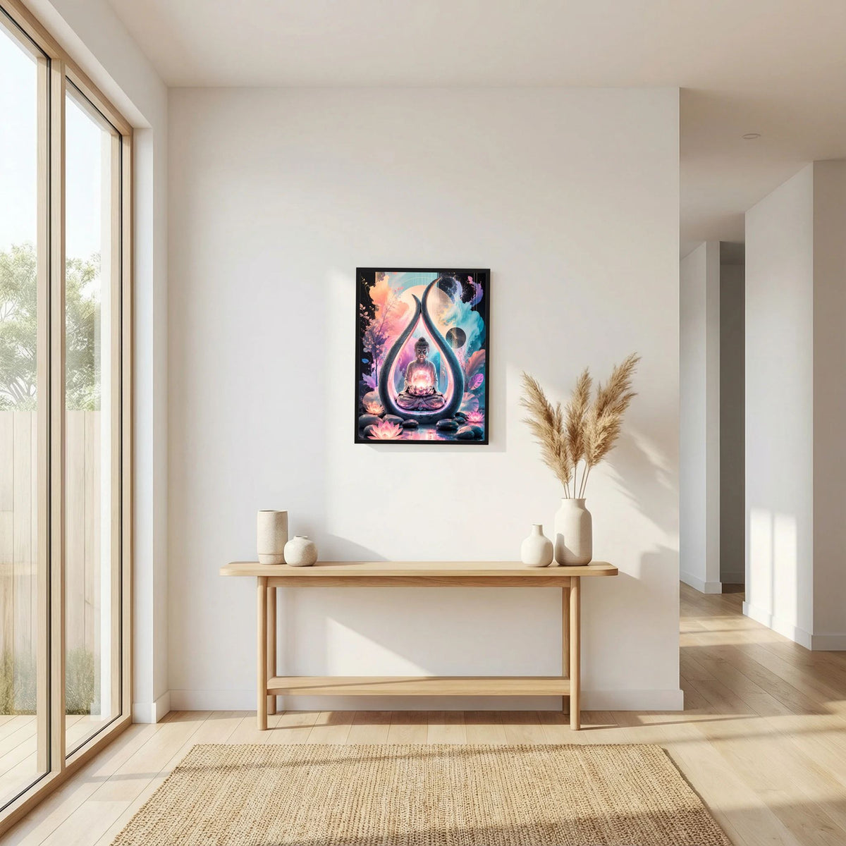 Hochformat-Poster mit Buddha in Tropfenform, Lotusblüten und Farbsprenkeln, schwarz gerahmt