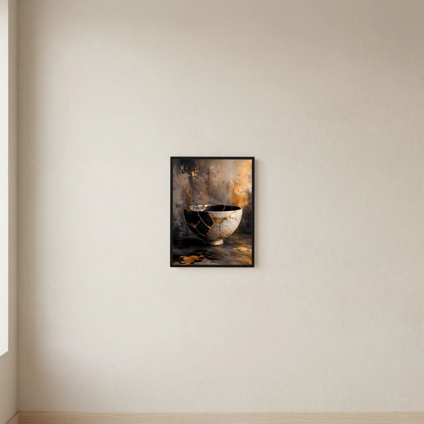 Gerahmtes Hochformat-Poster mit Schale in Schwarz und Weiß und goldenen Risslinien
