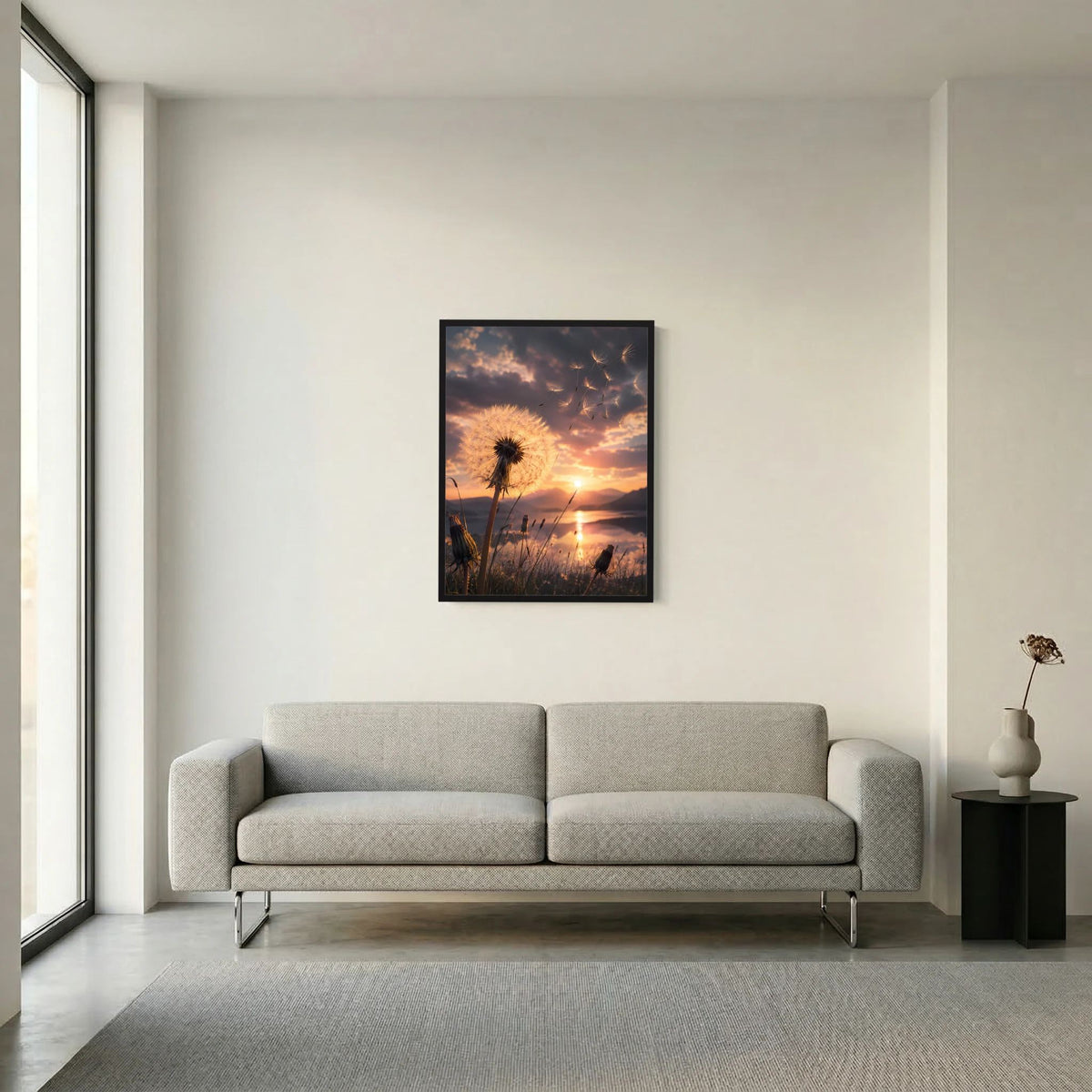 Hochformat-Poster mit Pusteblume und Sonnenuntergang, schwarzer Rahmen über dem Sofa