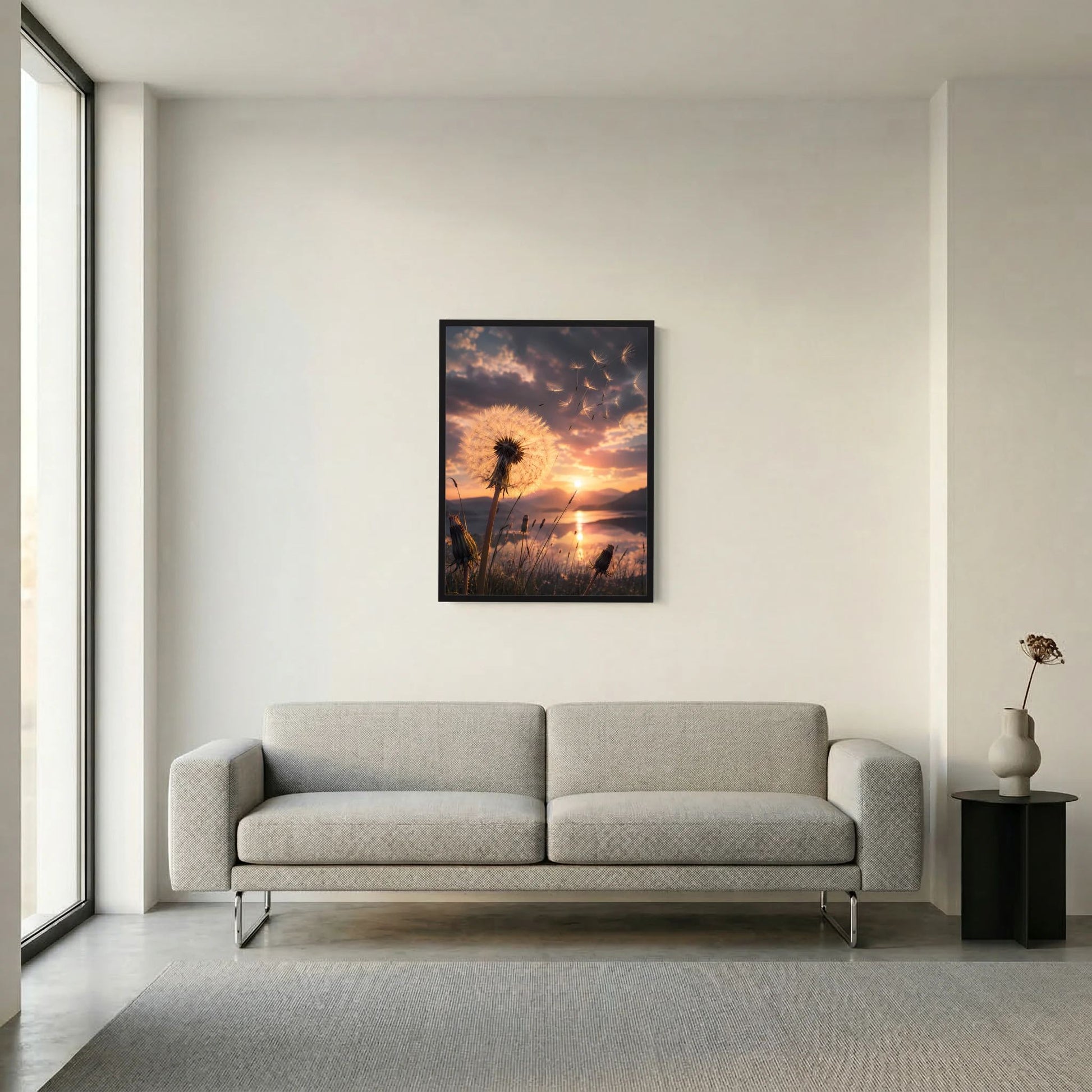 Hochformat-Poster mit Pusteblume und Sonnenuntergang, schwarzer Rahmen über dem Sofa