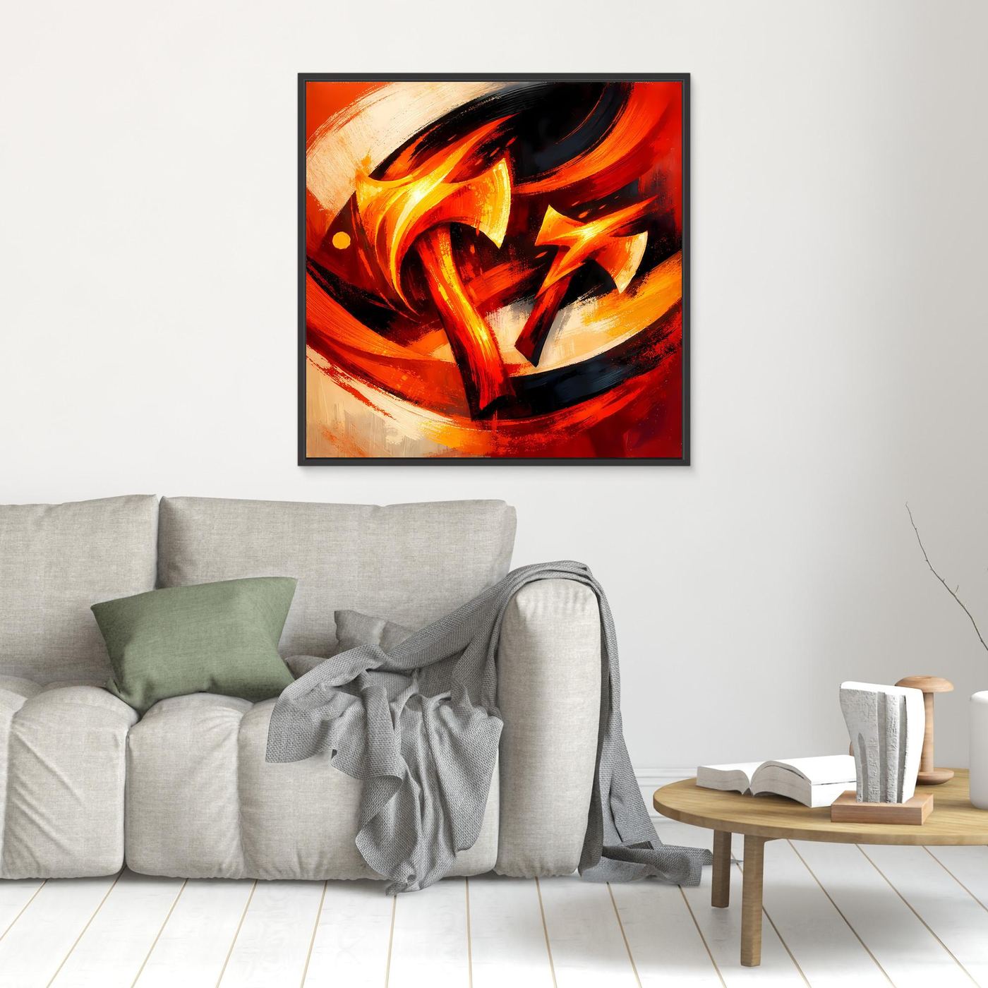 Abstraktes Leinwandbild mit Wikinger-Axt, rote Flammen, brauner Rahmen.