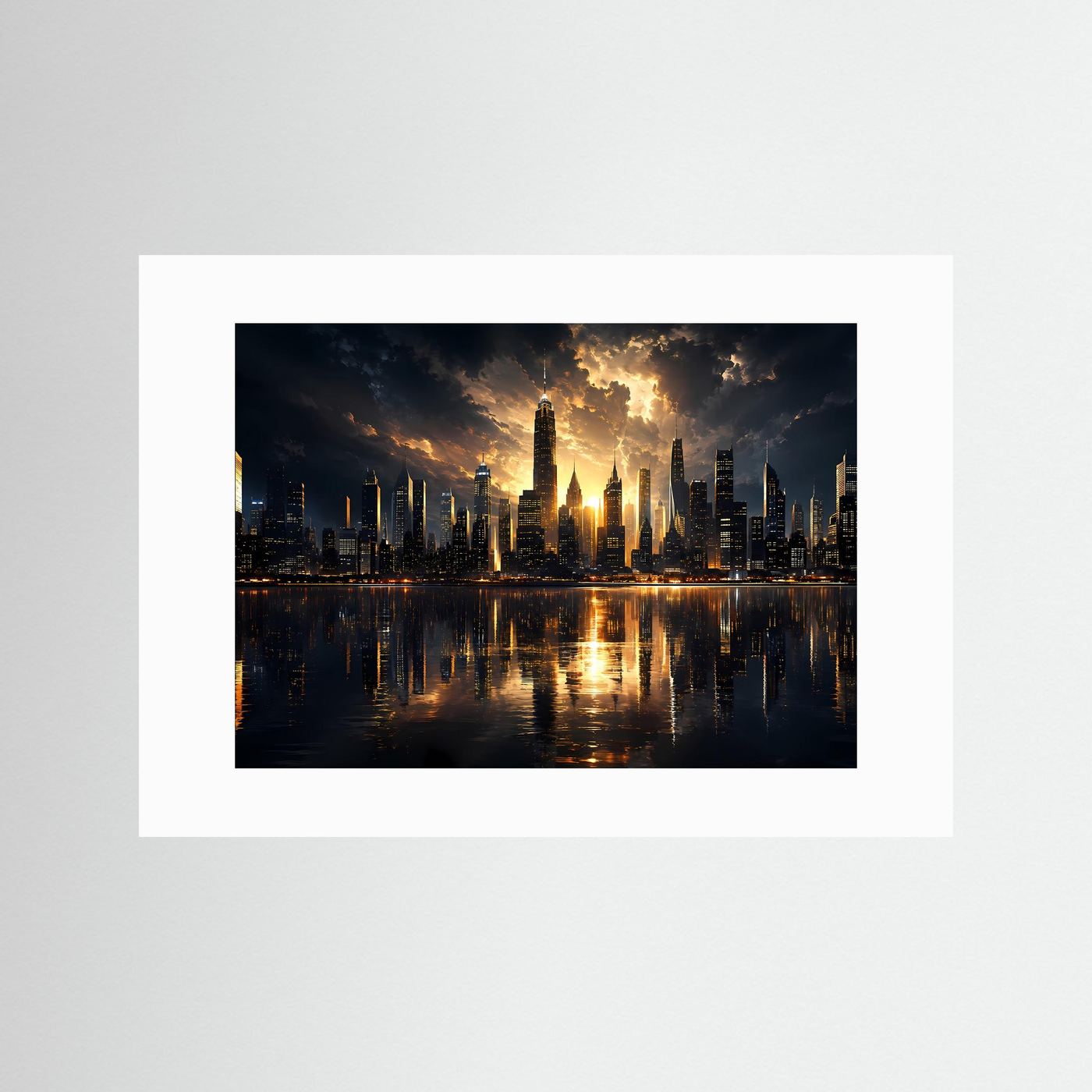 Skyline Poster Gold Schwarz | Moderne Wolkenkratzer bei Sonnenuntergang | City Skyline Wandbild | Luxus Architektur | Leinwand | Premium Wall Art