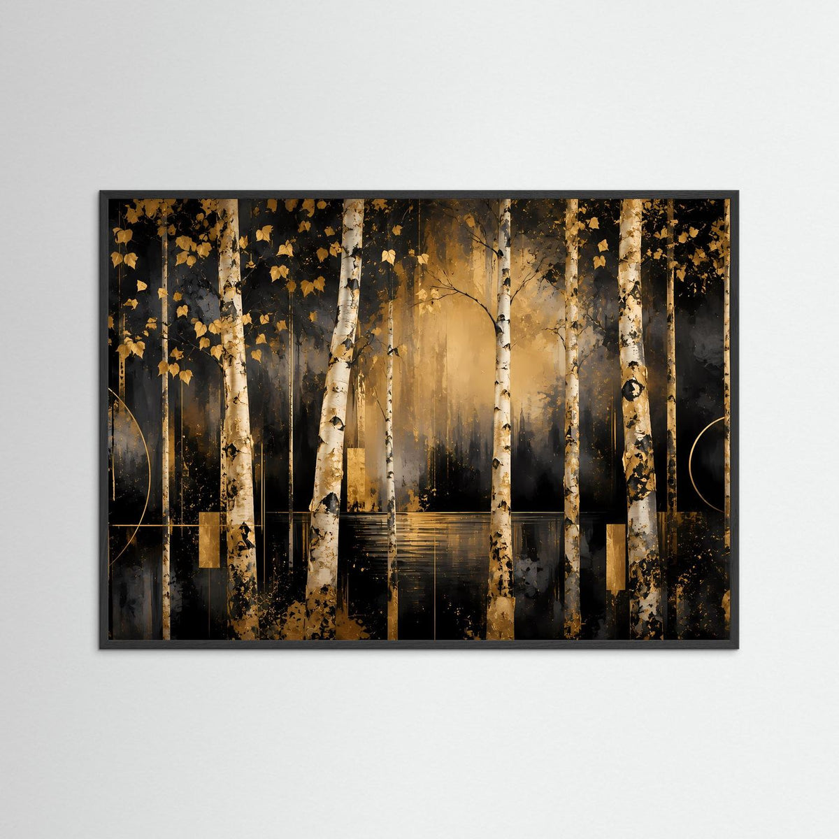 Poster im Querformat mit Birkenwald und goldenen Blättern, dunkle Farbtöne, schwarzer Rahmen.