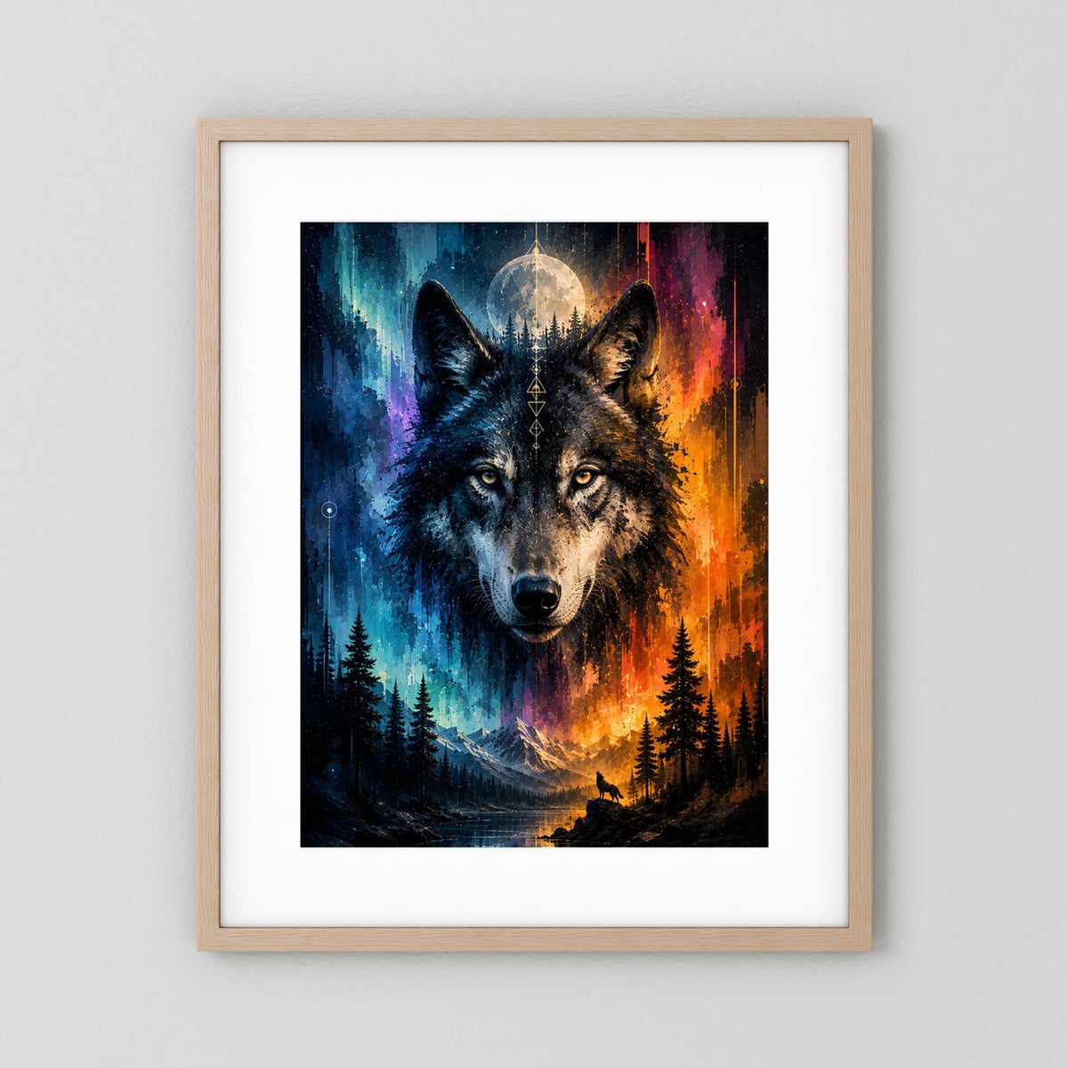 Poster im Hochformat mit zwei Wölfen, Mond und Wald, Blau-Orange, beiger Holzrahmen