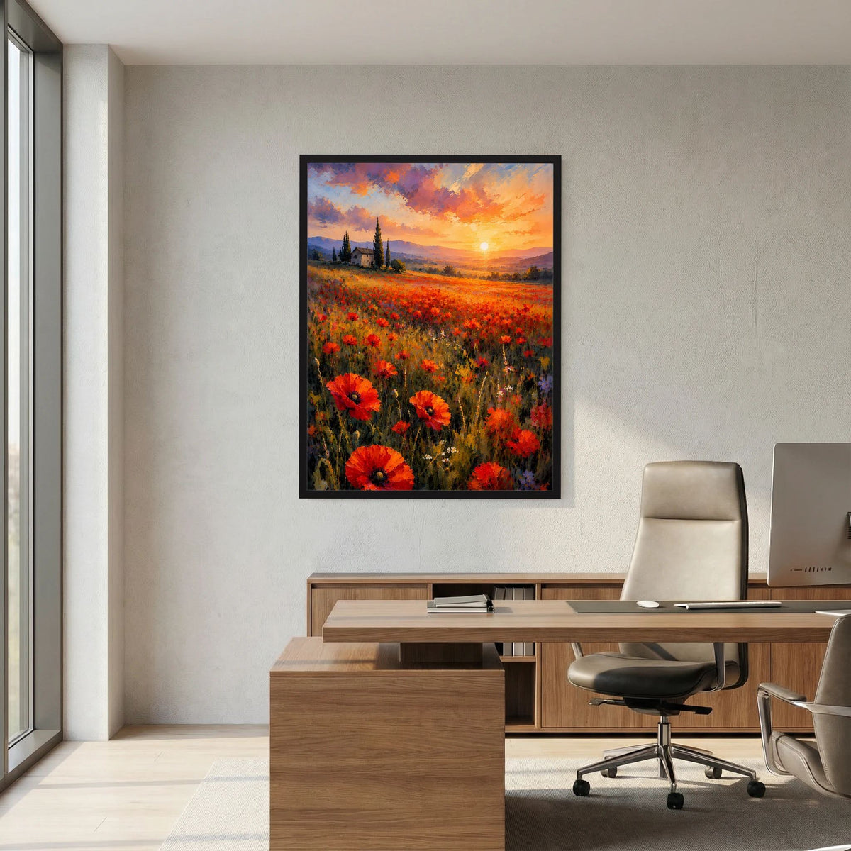 Hochformat-Wandbild: rote Mohnblumen, orange Himmel und eine Kirche im Hintergrund