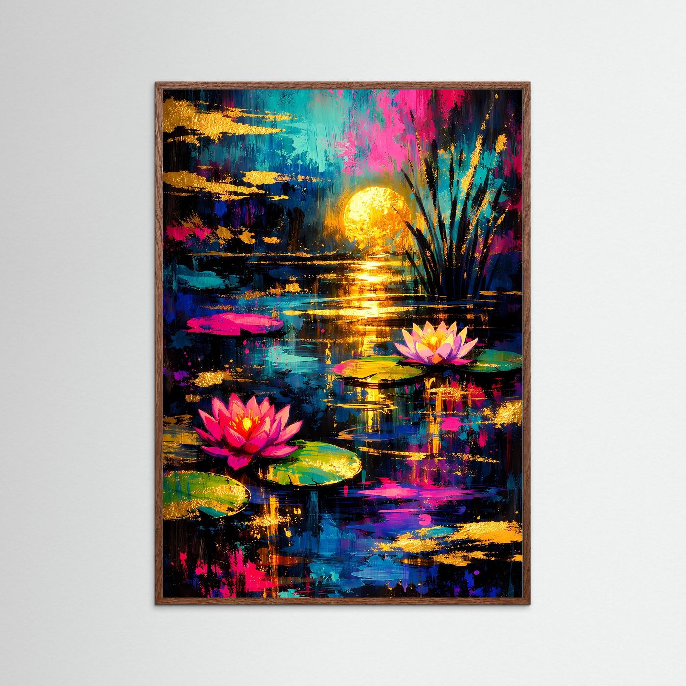 Abstraktes Kunstposter im dunklen Eichenholzrahmen, Seerosen, goldene Sonne und Reflexe