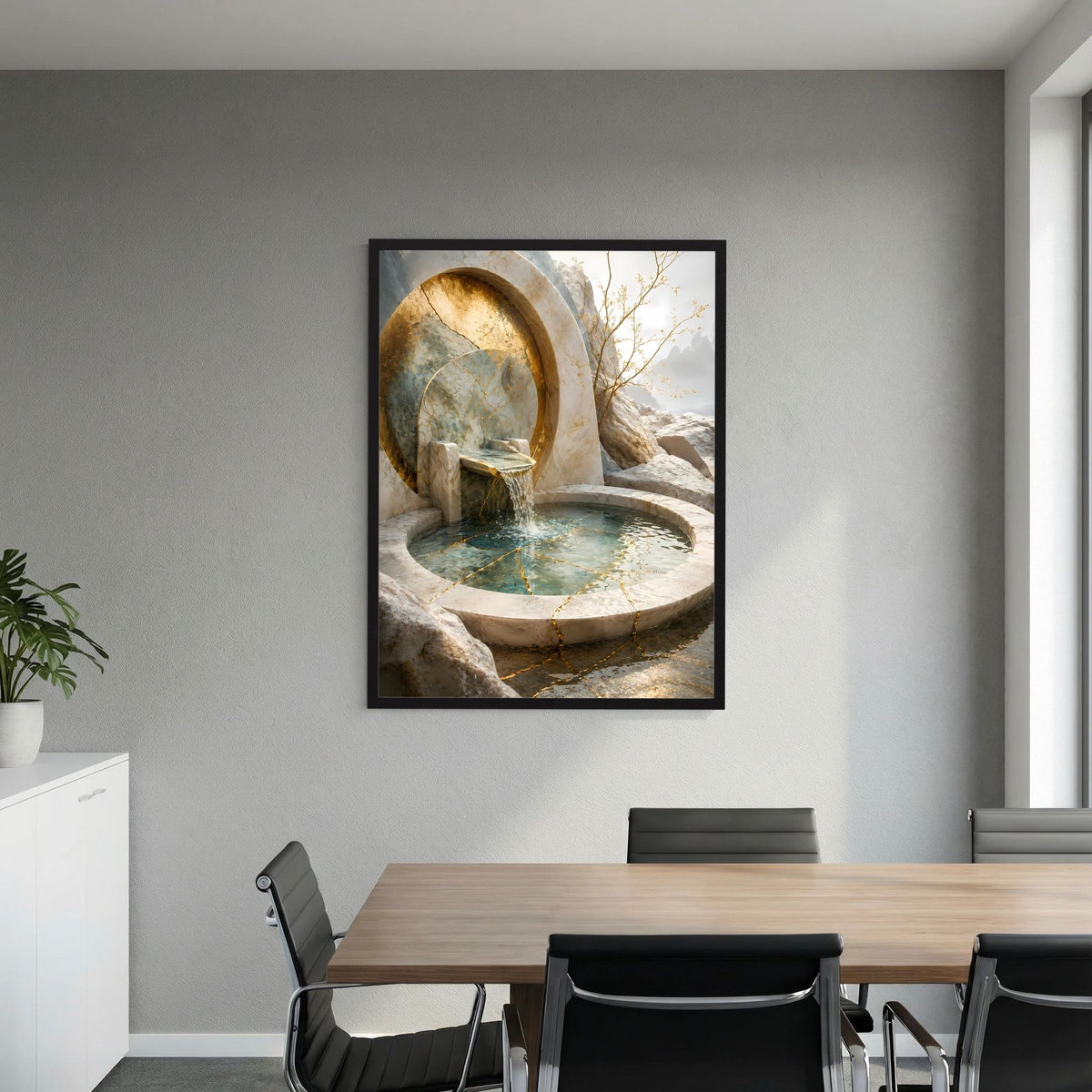 Poster im Hochformat mit goldfarbener Quellnische und türkisfarbenem Wasser im runden Steinbecken