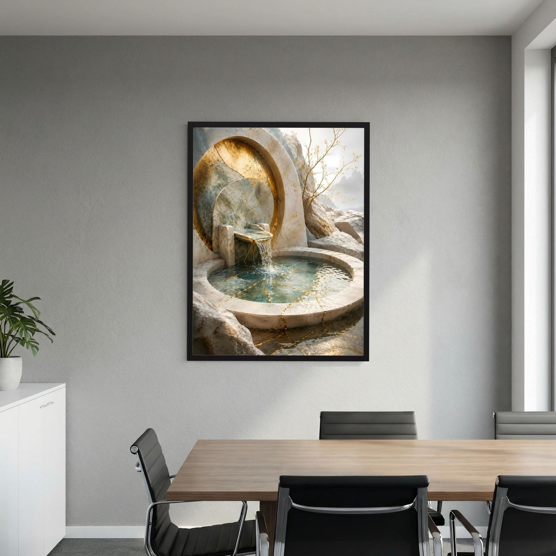 Poster im Hochformat mit goldfarbener Quellnische und türkisfarbenem Wasser im runden Steinbecken