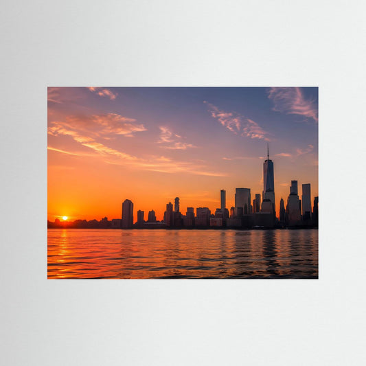 Querformat-Poster mit New-York-Skyline bei Sonnenuntergang und Wasser, ohne Rahmen