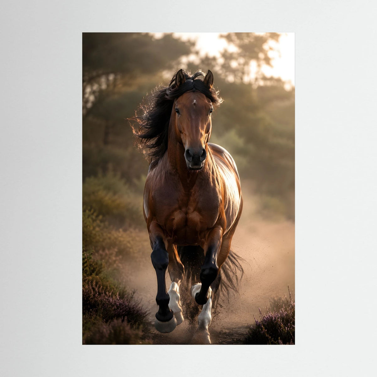 Hochformatiger Kunstdruck: brauner Hengst im Galopp, wallende Mähne, warmes Abendlicht
