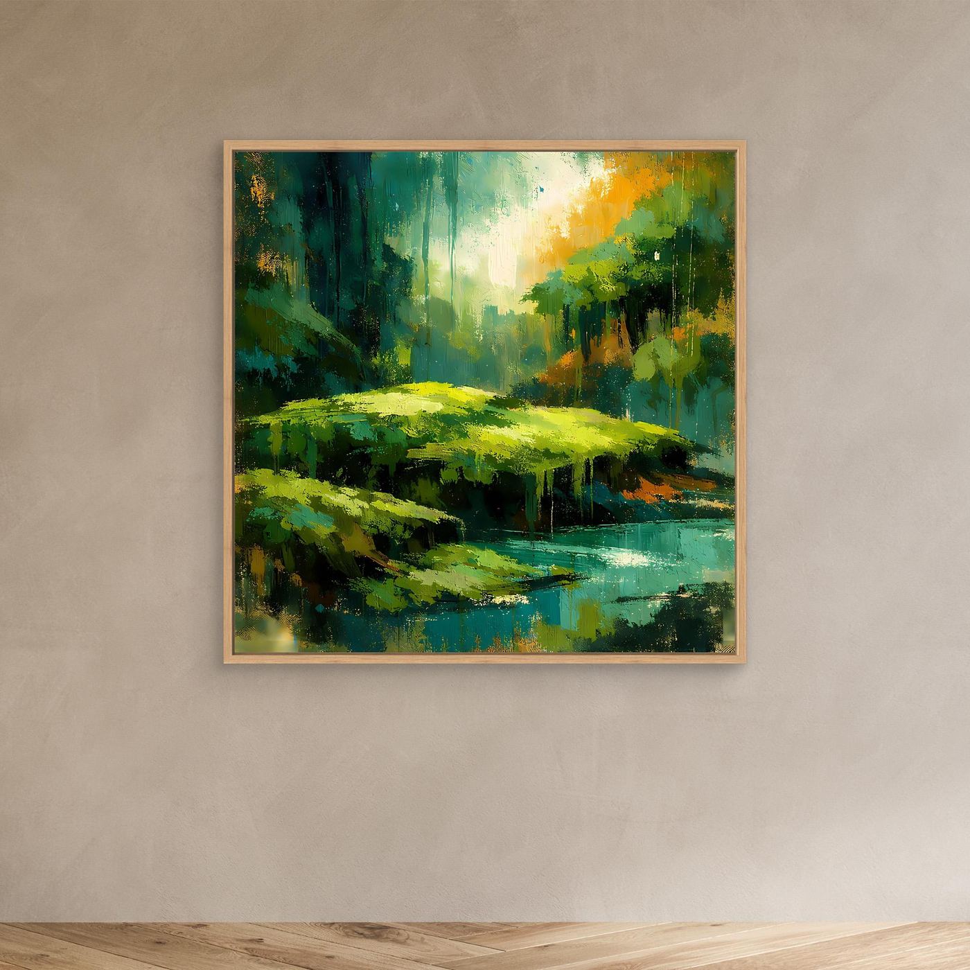 Abstraktes Natur-Wandbild mit grünem Fluss, gelben Baumkronen und Lichtschimmer, Eichenrahmen