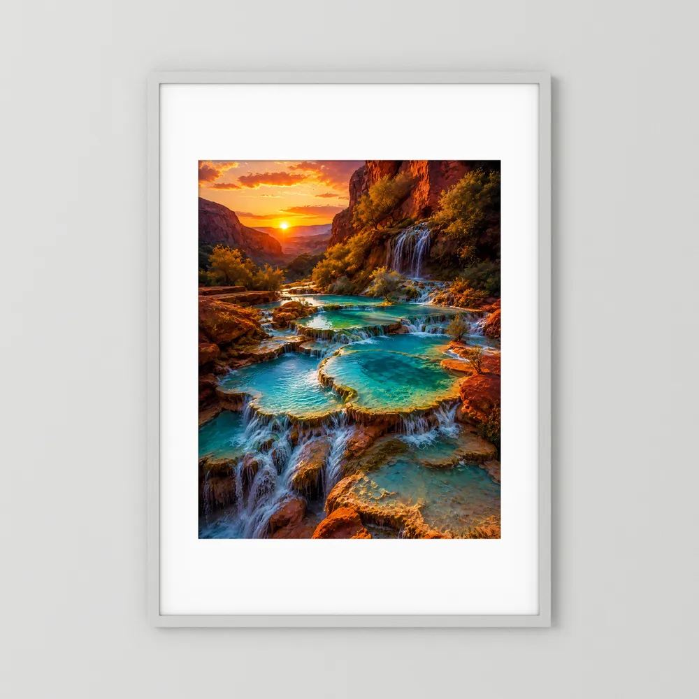 Hochformat-Poster im silbernen Rahmen mit weißem Passepartout: türkisfarbene Wasserbecken