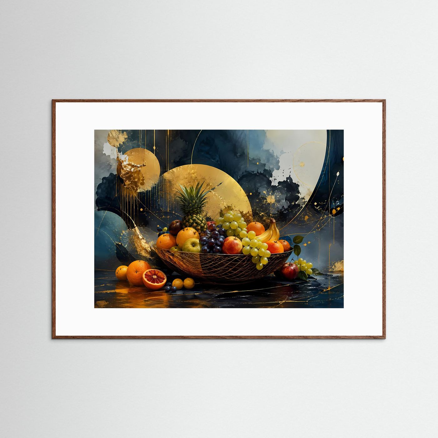 Obstschale Poster | Modernes Stillleben Wandbild | Abstrakte Küchenkunst | Gold Schwarz Leinwand | Luxus Fine Art Print