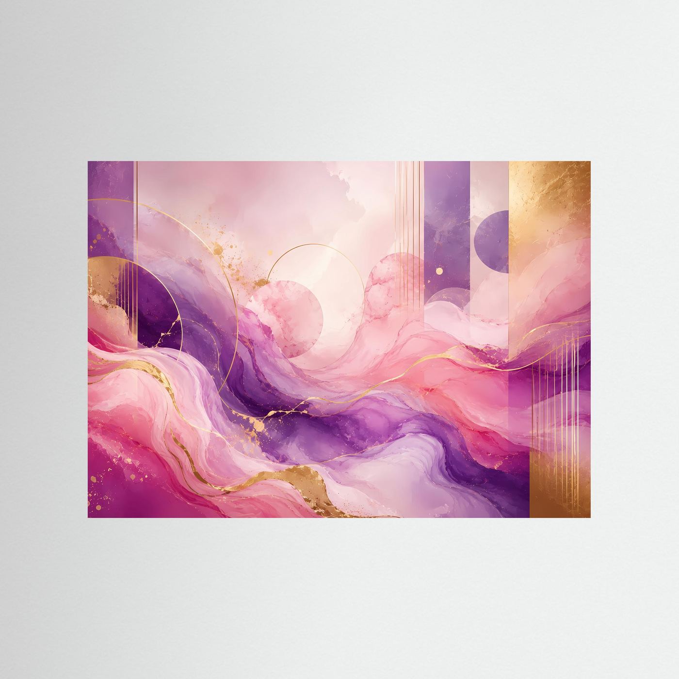 Abstraktes Wellen-Poster im Querformat mit Rosa- und Violetttönen und goldenen Akzenten